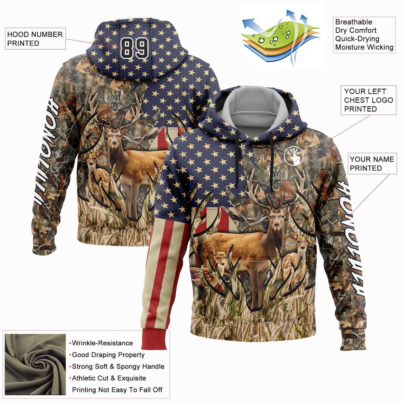 Custom Camo Black-White 3D American Flag And Deer Hunting Sports Pullover Sweatshirt Hoodie