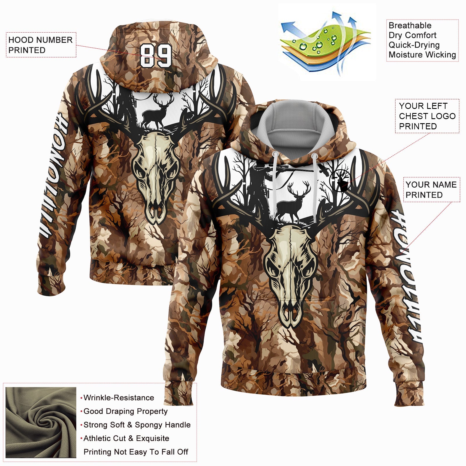 Custom Camo White-Black 3D Gun Hunter Deer Hunting Sports Pullover Sweatshirt Hoodie