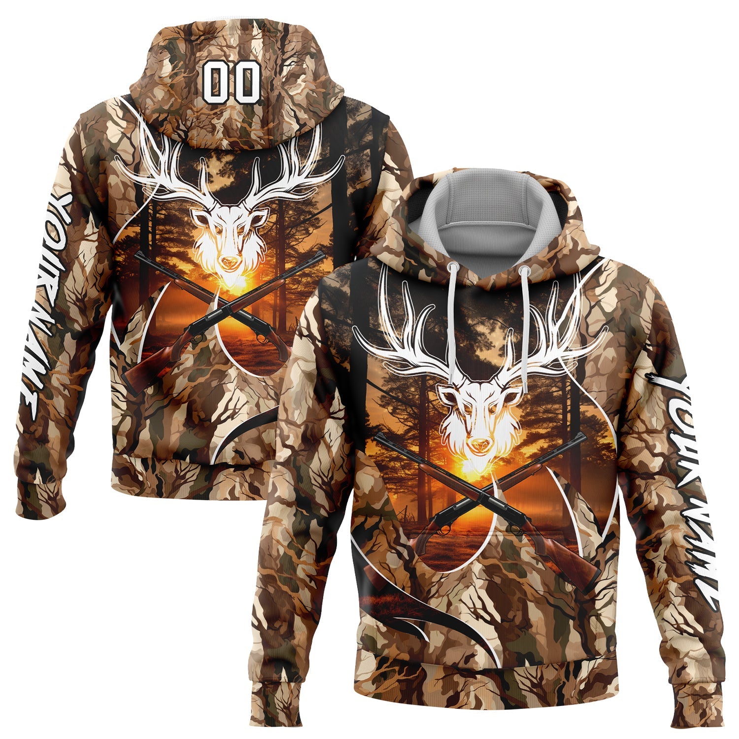 Custom Camo White-Black 3D Gun Deer Hunting Sports Pullover Sweatshirt Hoodie