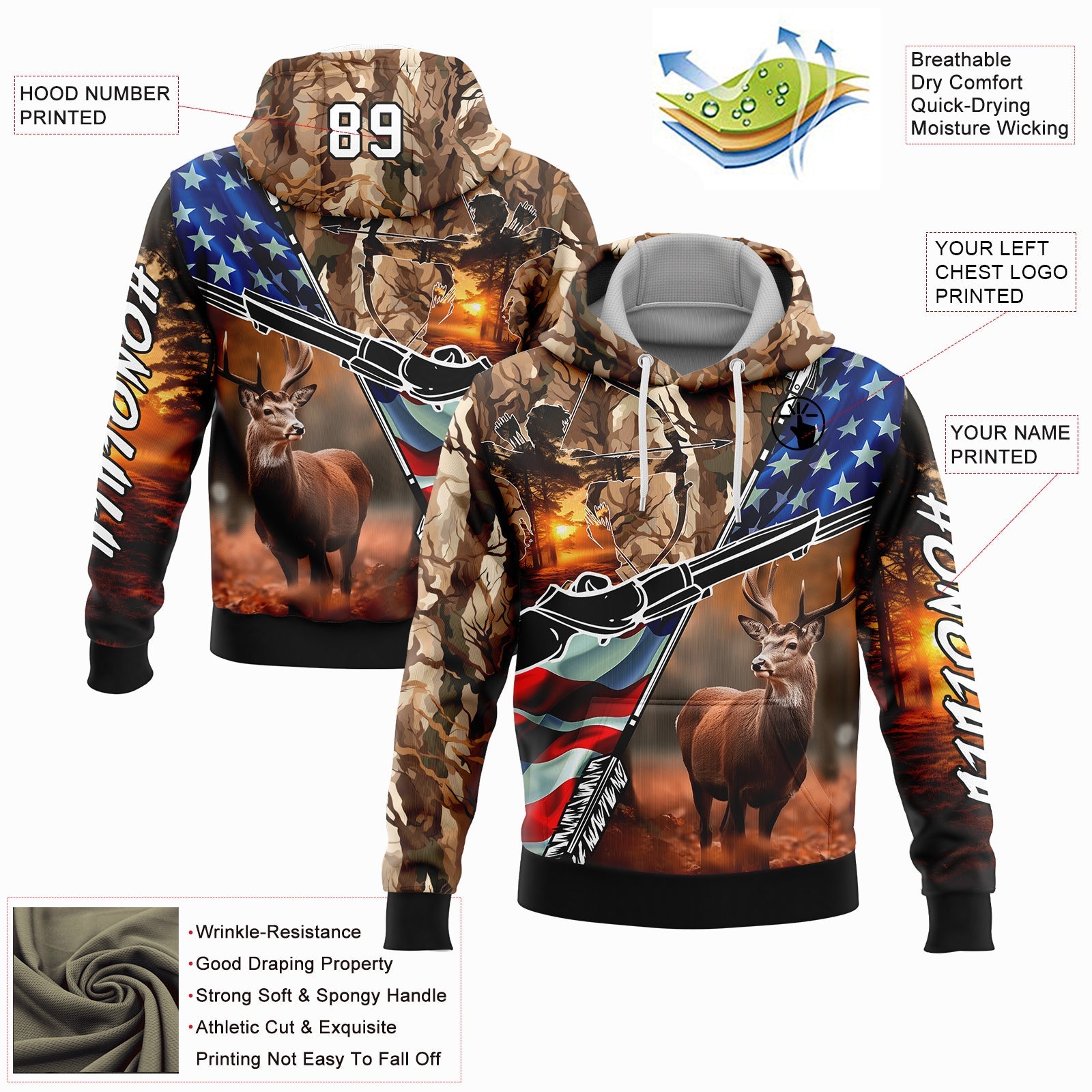 Custom Camo White-Black 3D American Flag And Hunting Tools Deer Hunting Sports Pullover Sweatshirt Hoodie