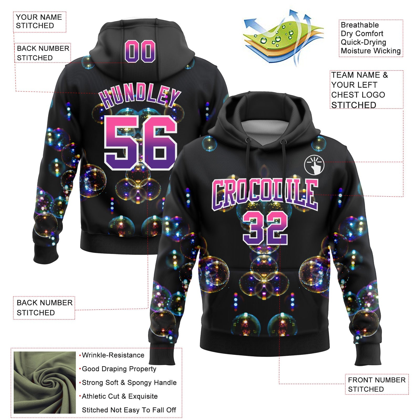 Custom Stitched Black Pink-Purple Fade 3D Pattern Design Colorful Bubbles Sports Pullover Sweatshirt Hoodie