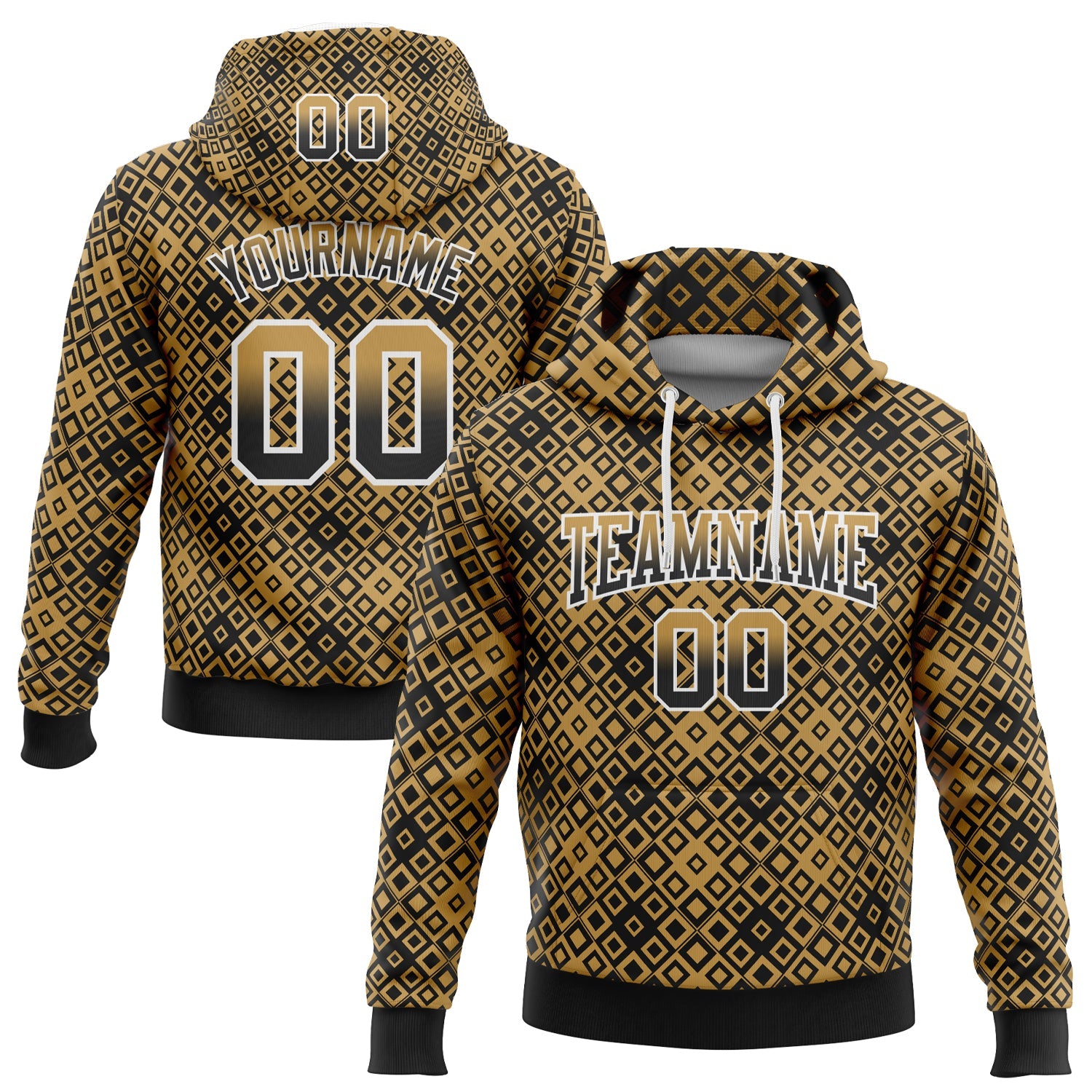 Custom Stitched Old Gold Black-White 3D Pattern Design Geometric Gradient Square Shapes Sports Pullover Sweatshirt Hoodie