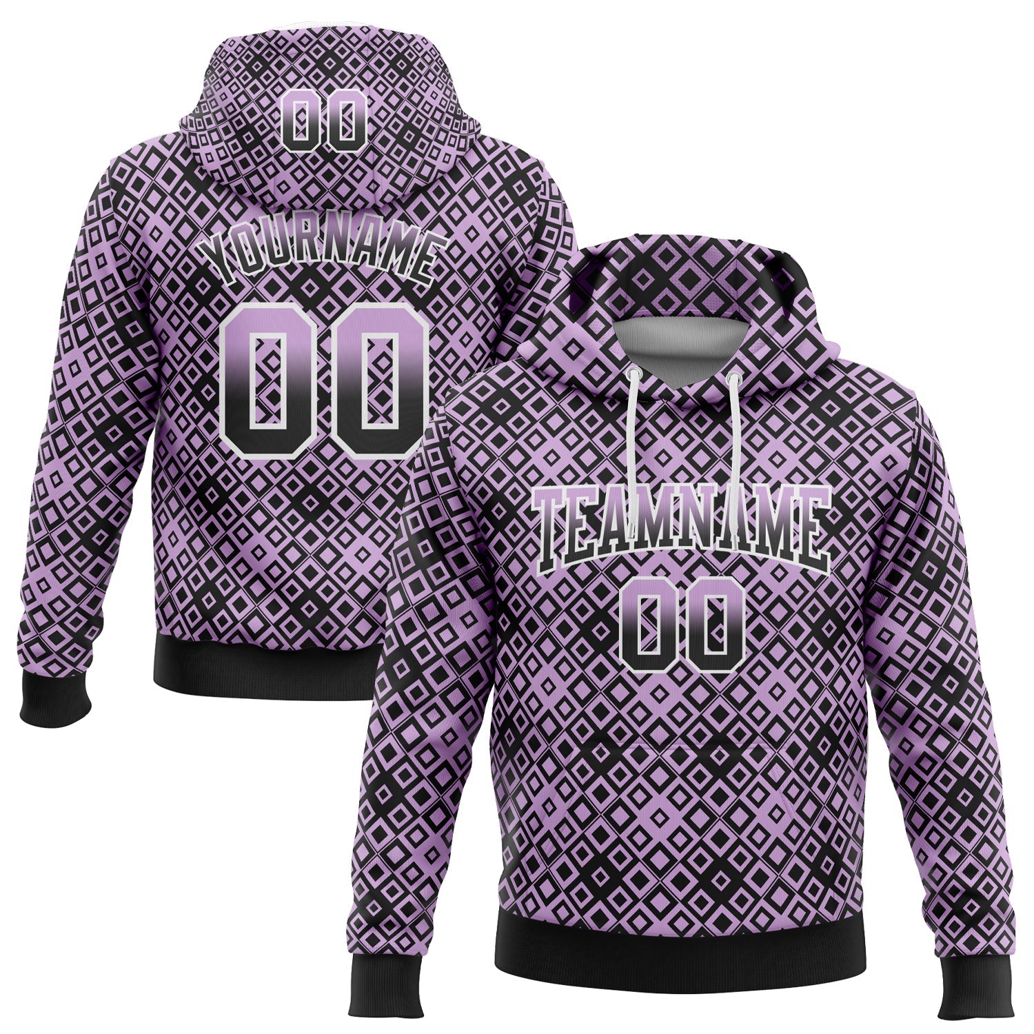 Custom Stitched Light Purple Black-White 3D Pattern Design Geometric Gradient Square Shapes Sports Pullover Sweatshirt Hoodie