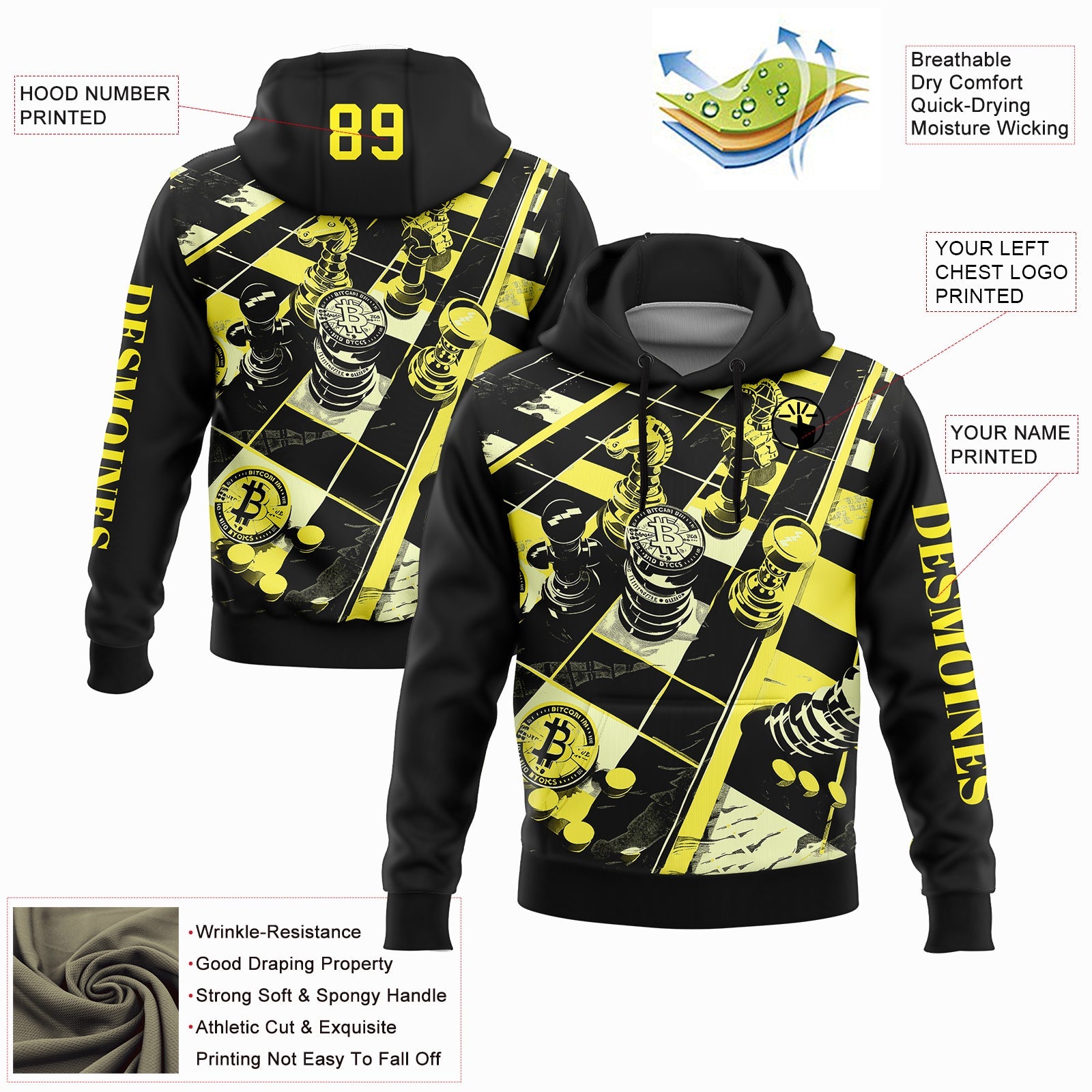 Custom Black Light Yellow 3D Chess International Chess Day Sports Pullover Sweatshirt Hoodie