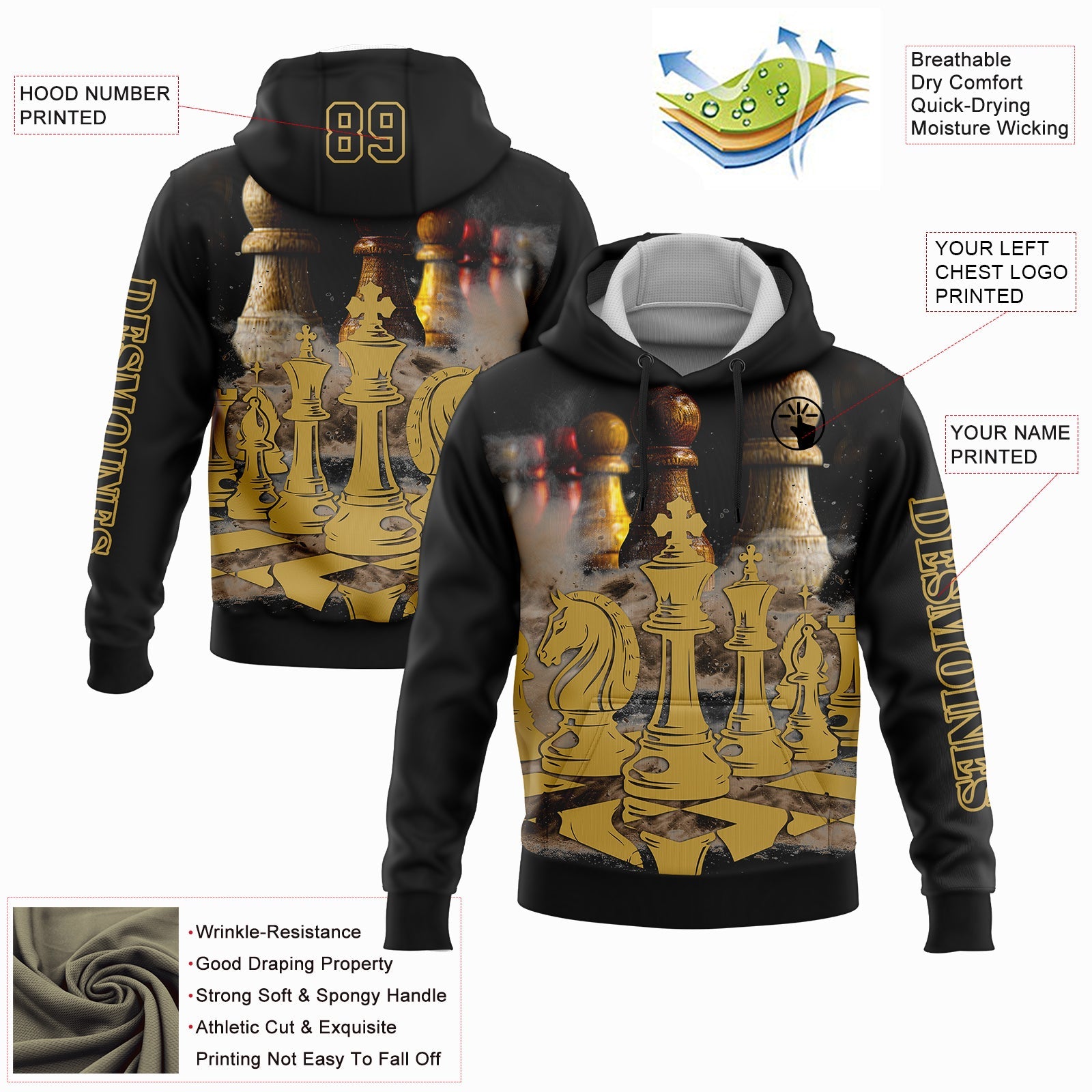Custom Black Old Gold 3D Chess International Chess Day Sports Pullover Sweatshirt Hoodie