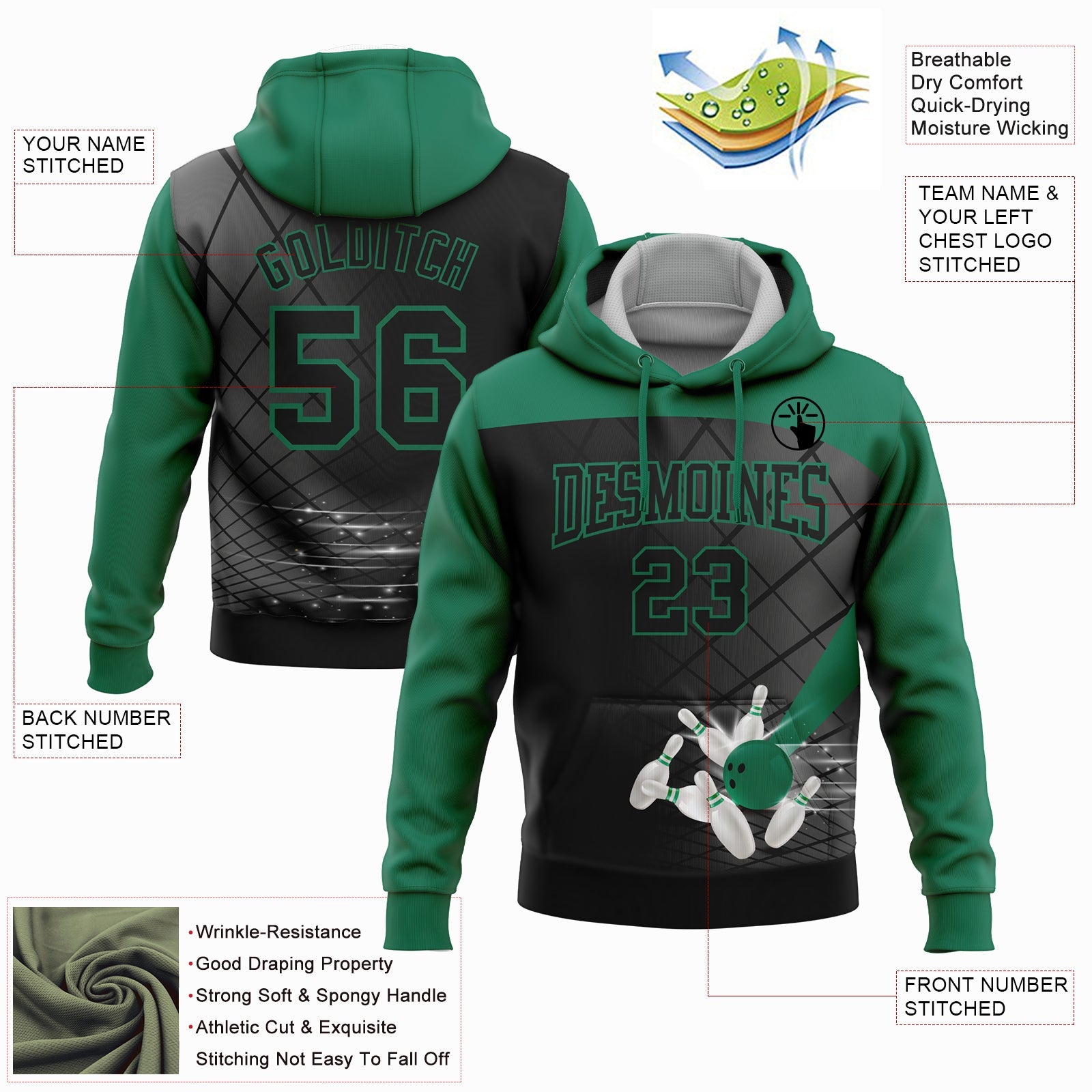 Custom Black Kelly Green 3D Bowling Sports Pullover Sweatshirt Hoodie