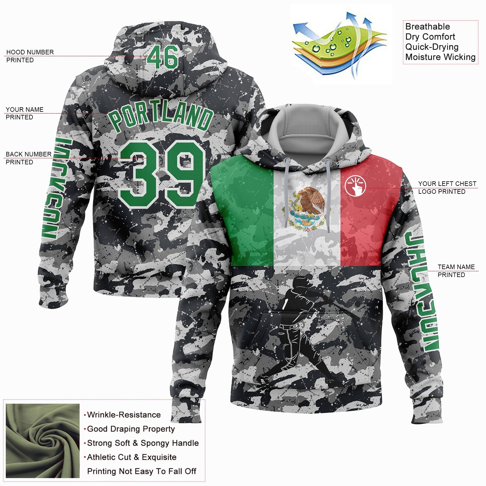 Custom Camo Kelly Green-White 3D Mexico Mexican Flag Sports Pullover Sweatshirt Salute To Service Hoodie