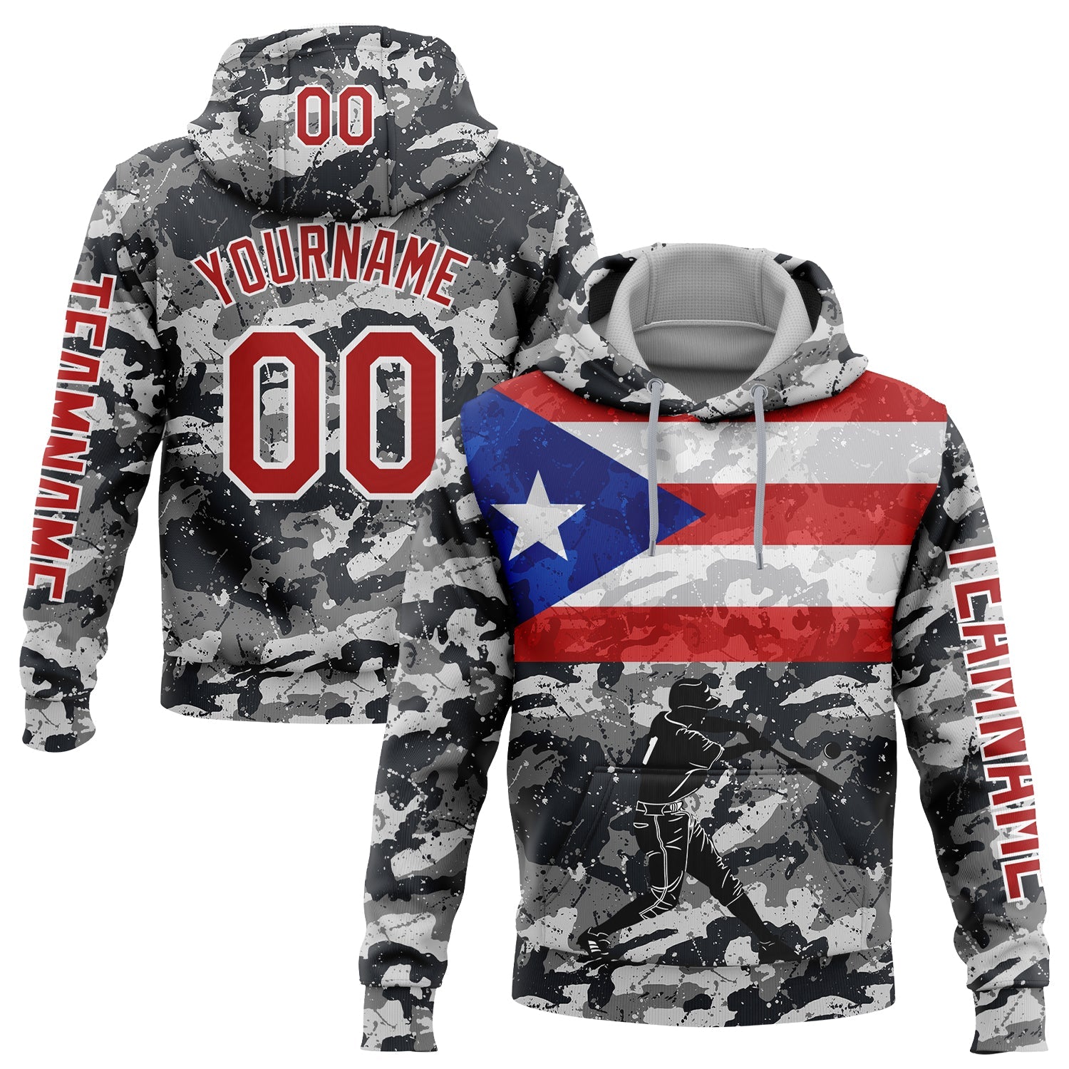 Custom Camo Red-White 3D Puerto Rico Puerto Rican Flag Sports Pullover Sweatshirt Salute To Service Hoodie