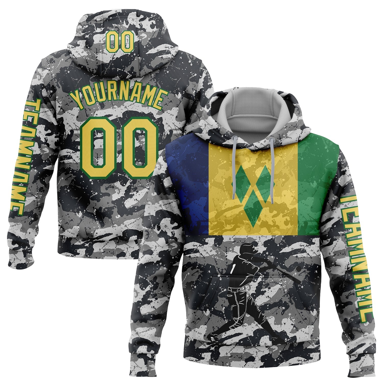 Custom Camo Yellow-Grass Green 3D Saint Vincent And The Grenadines Flag Sports Pullover Sweatshirt Salute To Service Hoodie