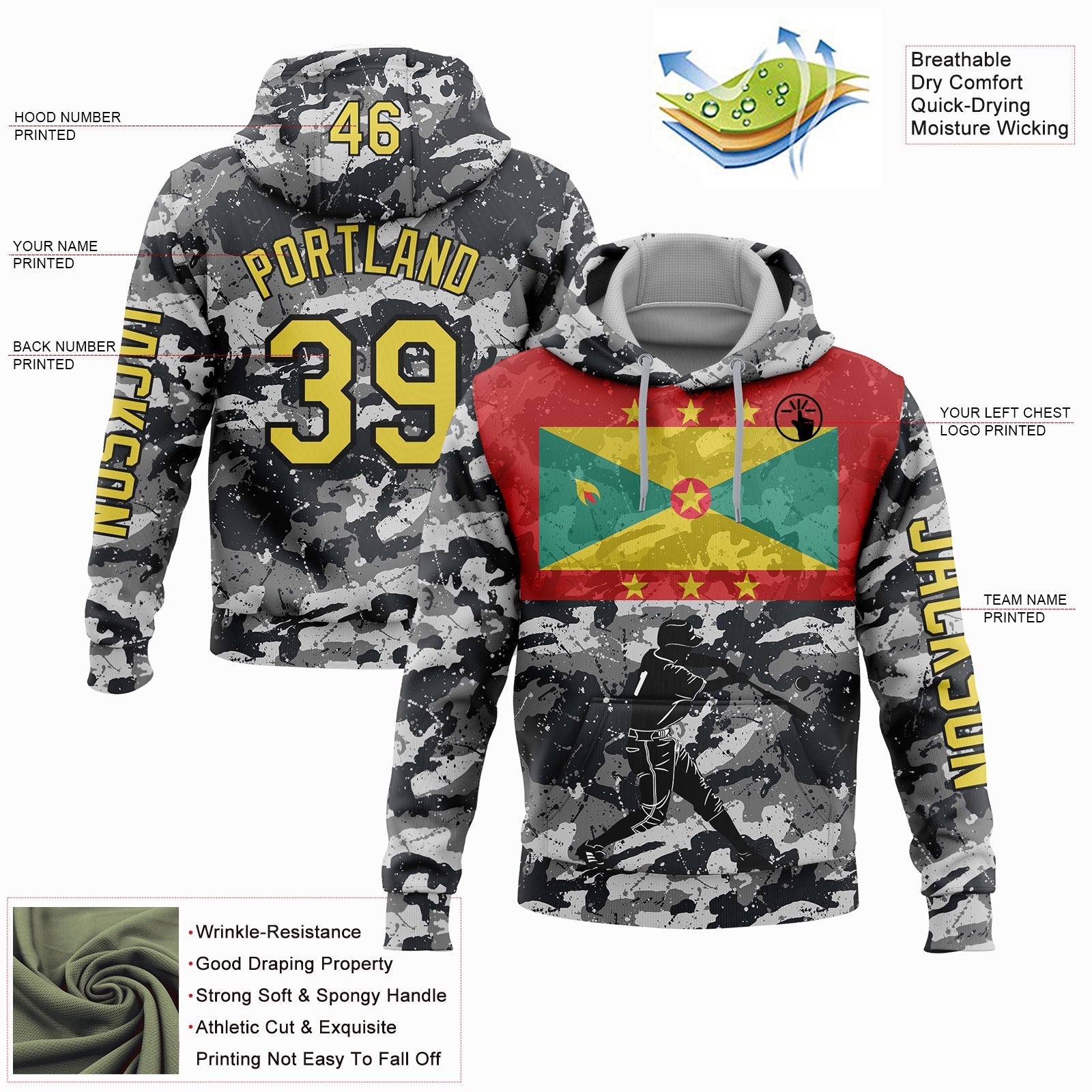 Custom Camo Yellow-Black 3D Grenada Grenadian Flag Sports Pullover Sweatshirt Salute To Service Hoodie