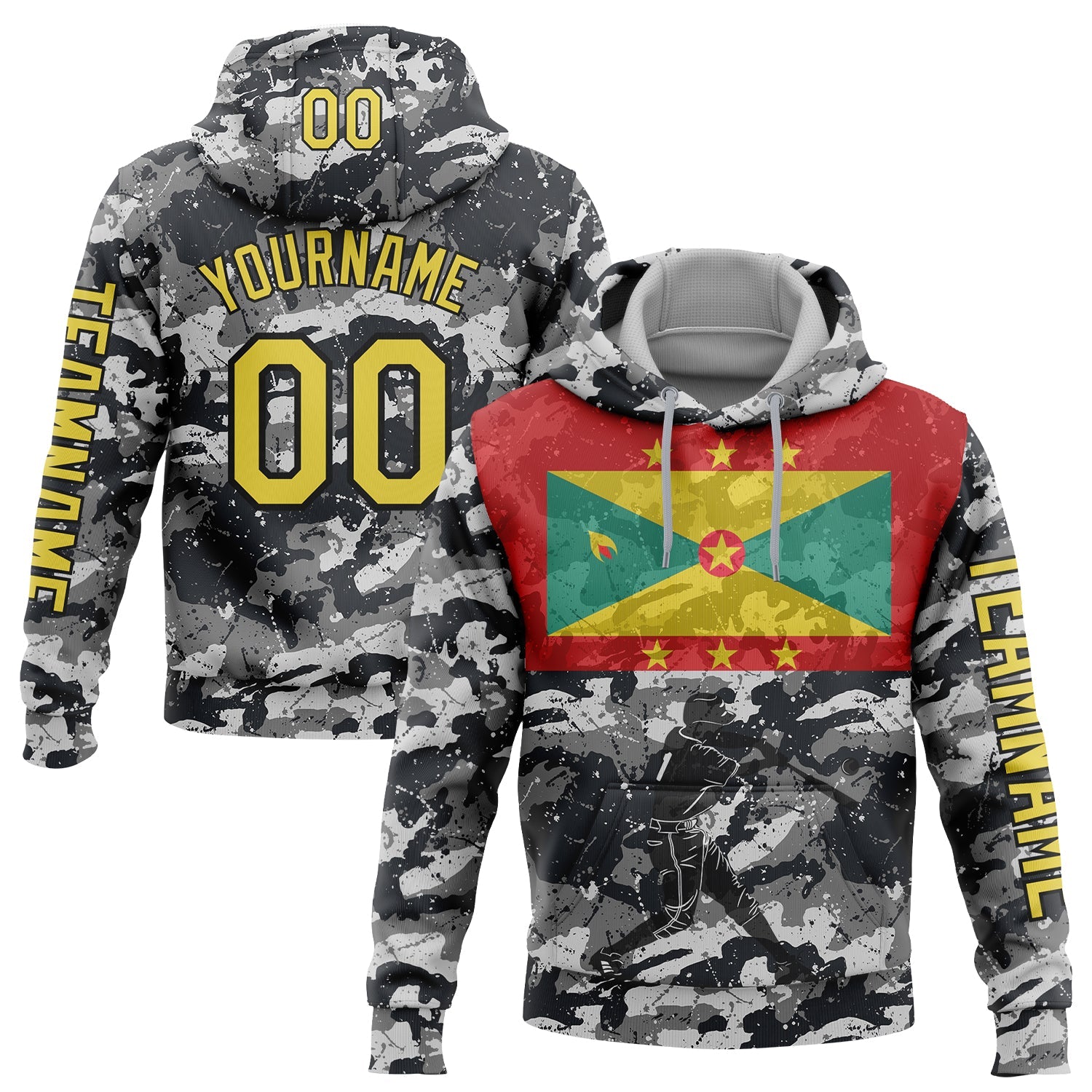 Custom Camo Yellow-Black 3D Grenada Grenadian Flag Sports Pullover Sweatshirt Salute To Service Hoodie