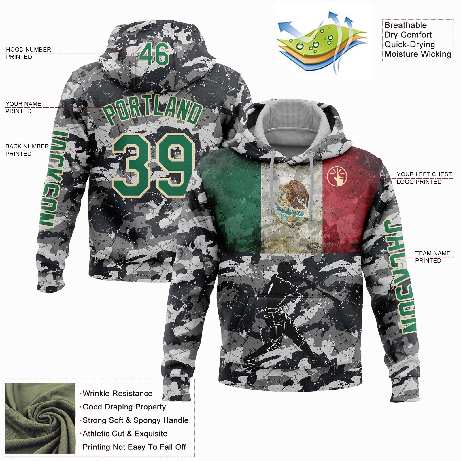 Custom Camo Kelly Green-Cream 3D Mexico Vintage Mexican Flag Sports Pullover Sweatshirt Salute To Service Hoodie