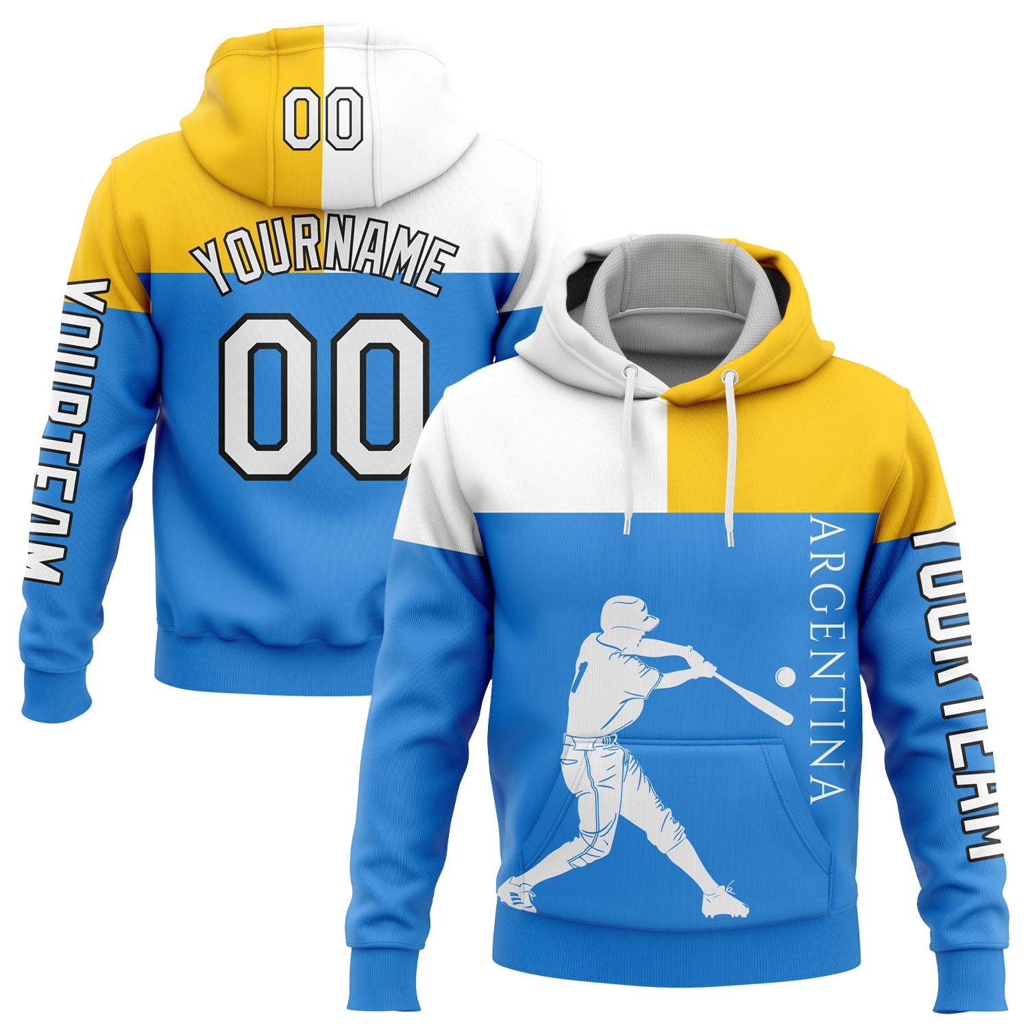 Custom Powder Blue Yellow-Black 3D Argentina Argentinian Flag Sports Pullover Sweatshirt Hoodie