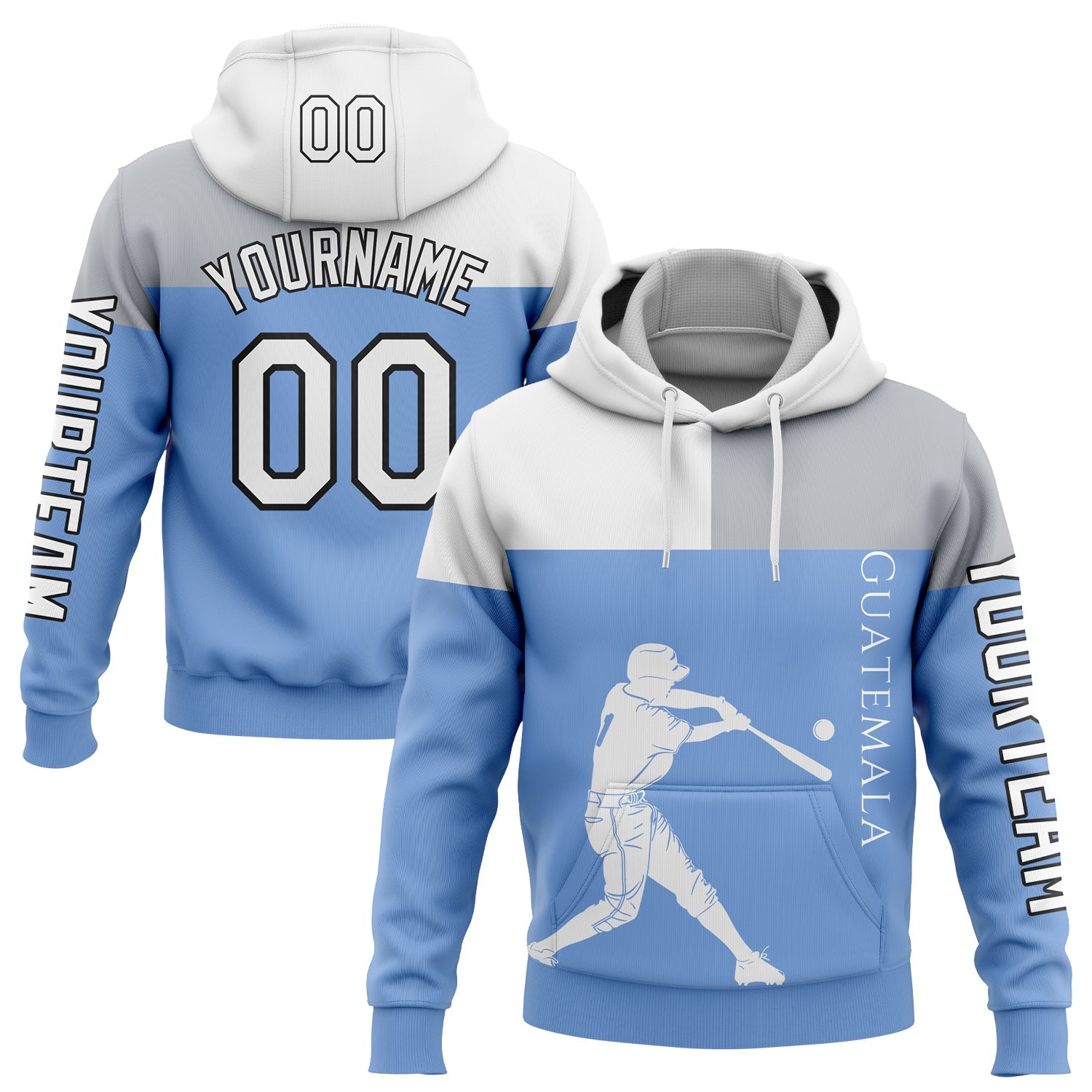 Custom Light Blue Gray-Black 3D Guatemala Guatemalan Flag Sports Pullover Sweatshirt Hoodie