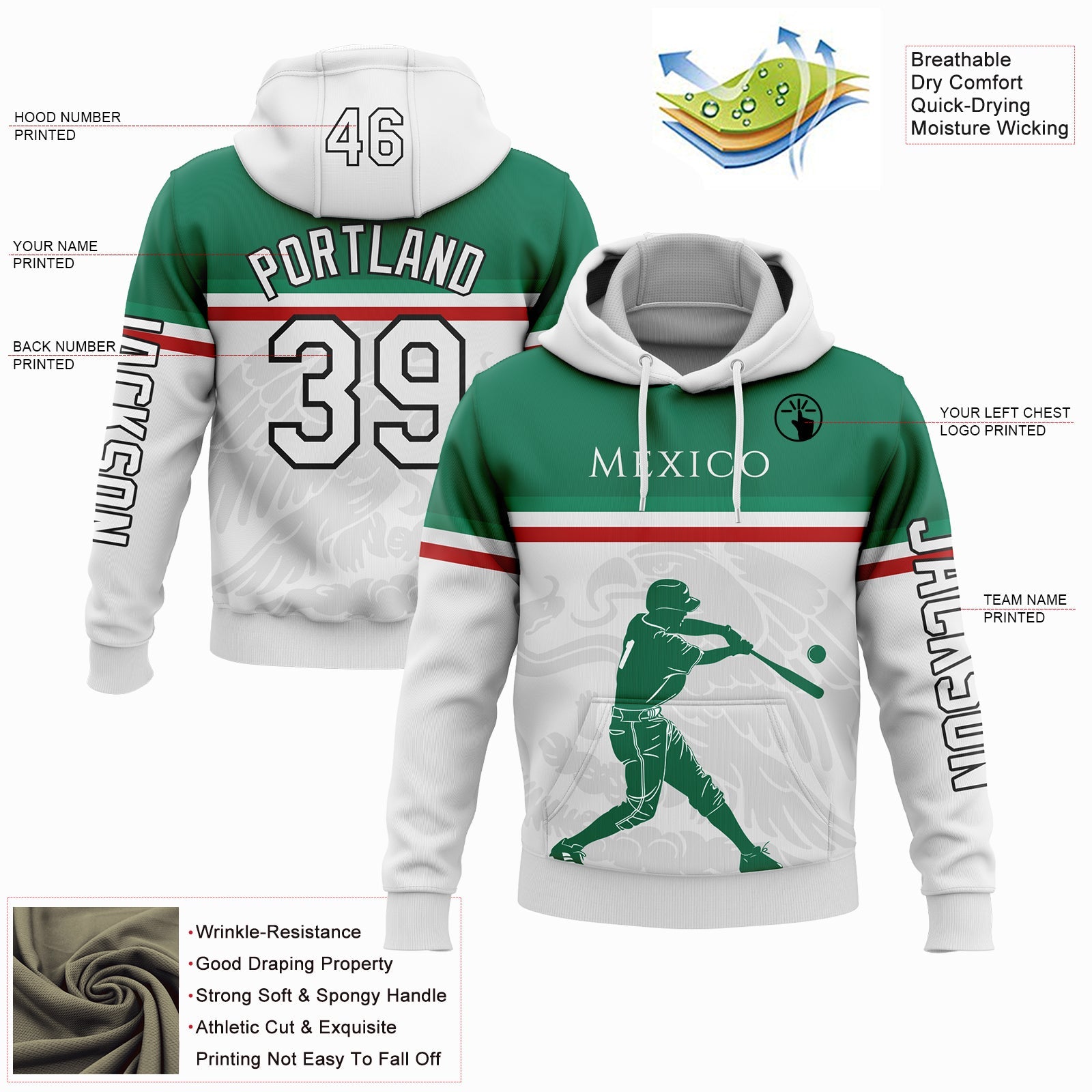 Custom White Kelly Green Red-Black 3D Mexico Mexican Flag Sports Pullover Sweatshirt Hoodie
