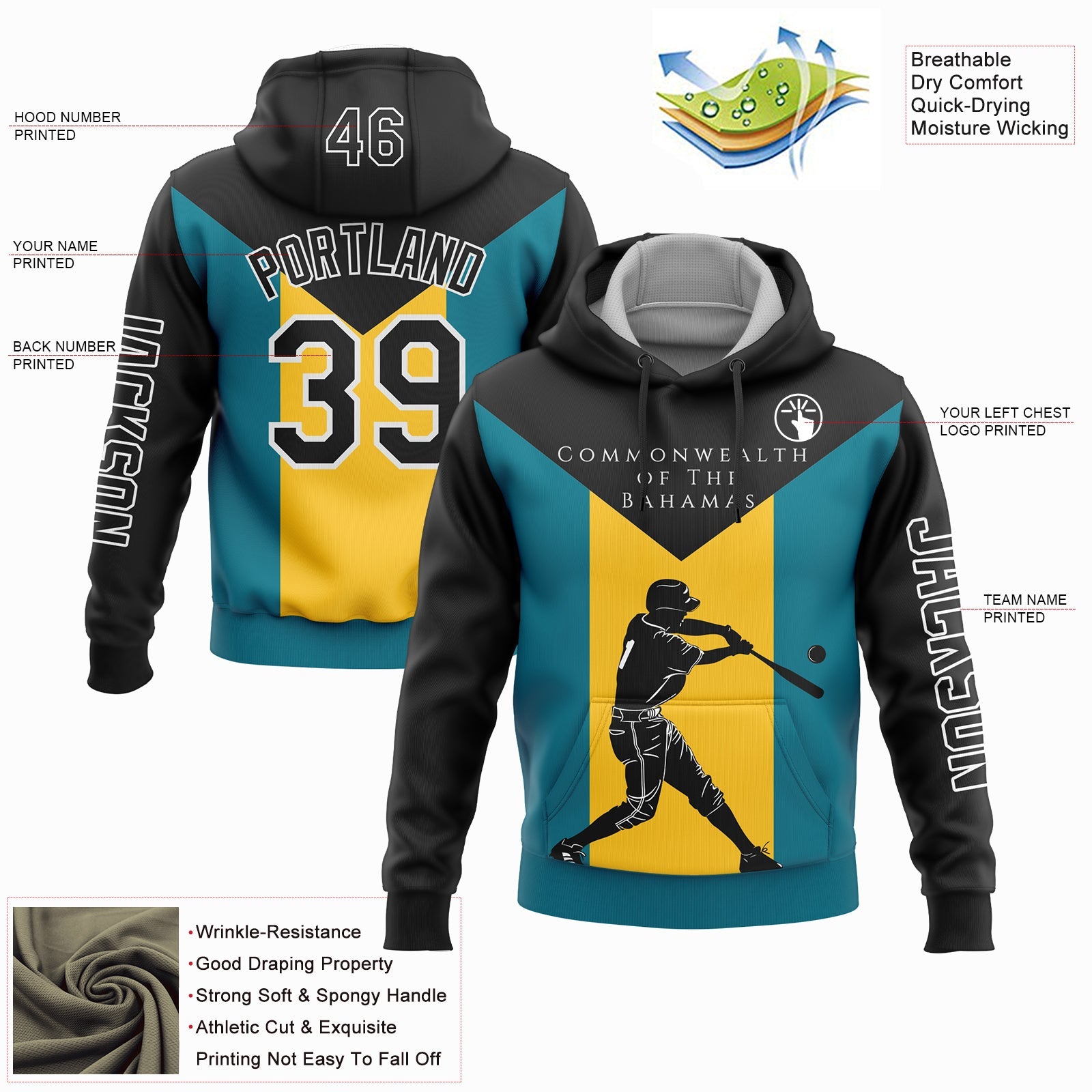 Custom Black Teal-Gold 3D Bahamas Bahamian Flag Sports Pullover Sweatshirt Hoodie