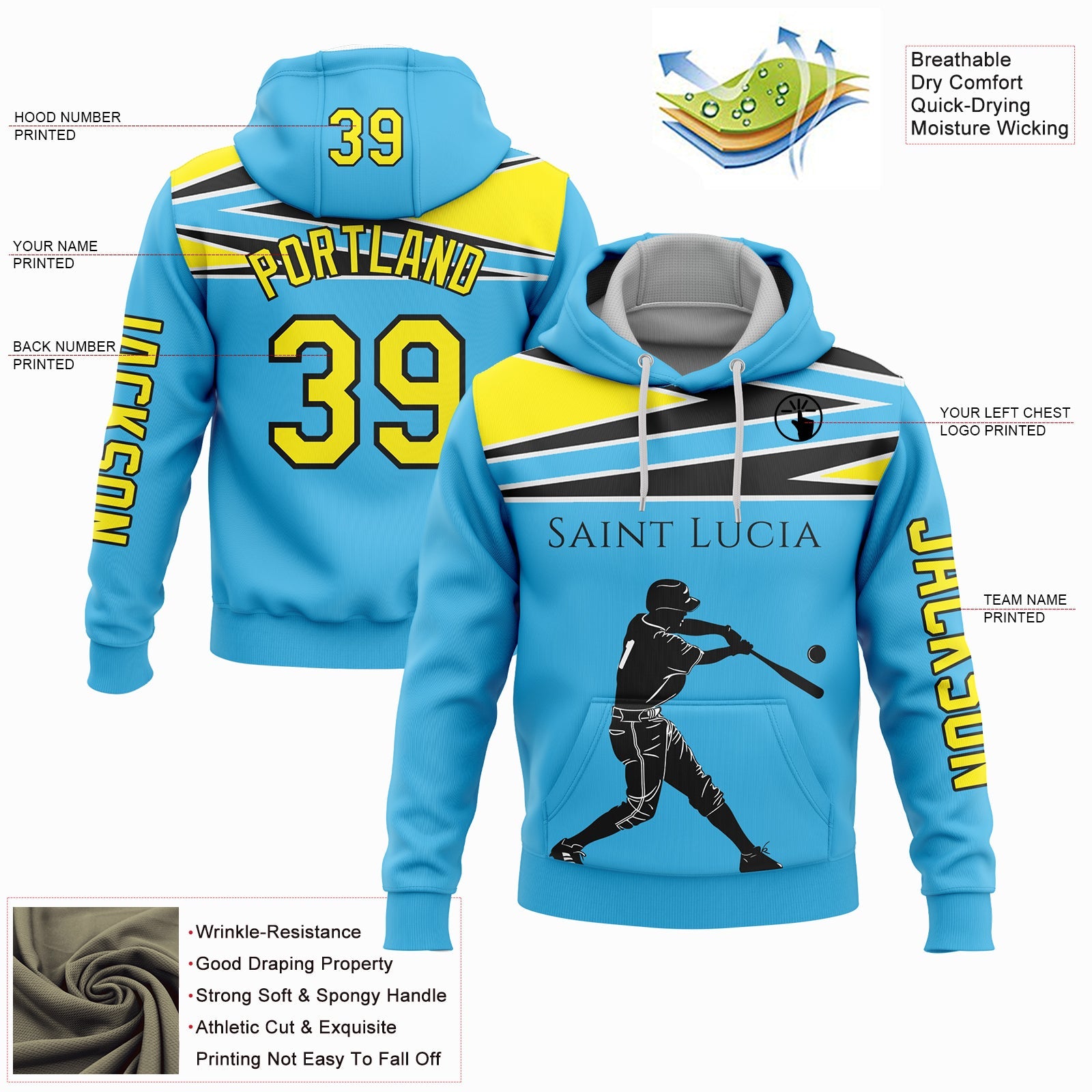 Custom Sky Blue Light Yellow-Black 3D Saint Lucia Saint Lucian Flag Sports Pullover Sweatshirt Hoodie