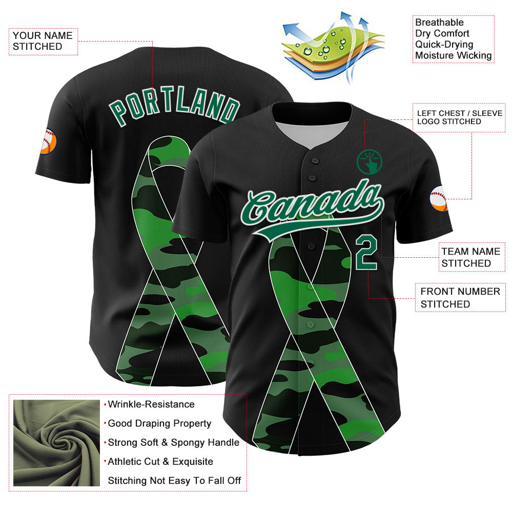 Custom Black Kelly Green-White 3D Liver Cancer Ribbon Authentic Baseball Jersey