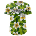 Custom Green White-Black 3D Tropical Hawaii Jungle Leaves And Flower Authentic Baseball Jersey