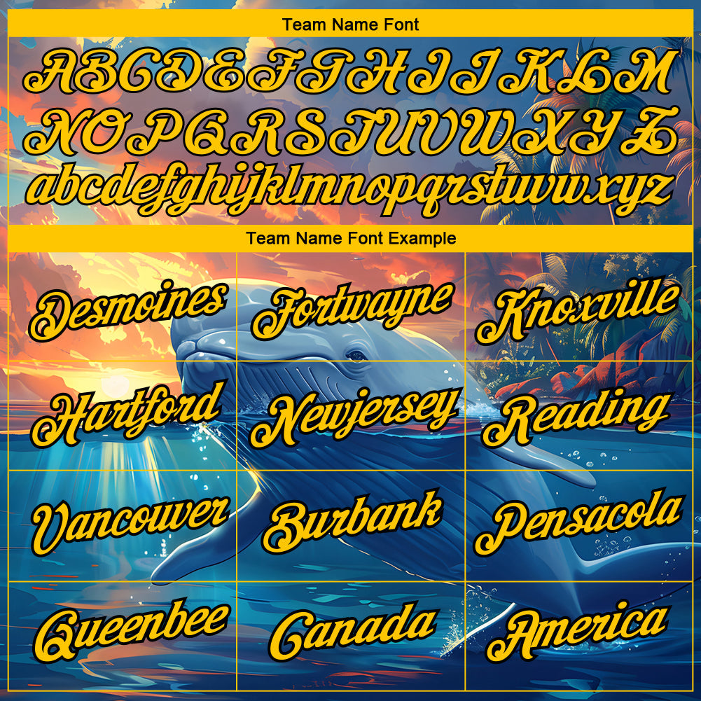 Custom Shadow Blue Gold-White 3D Pattern Design Extreme Sport Marine Aquatic Animal Whale Performance T-Shirt