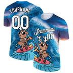 Custom Blue White-Black 3D Pattern Design Extreme Sport Cartoon Animal Deer Surfing Performance T-Shirt