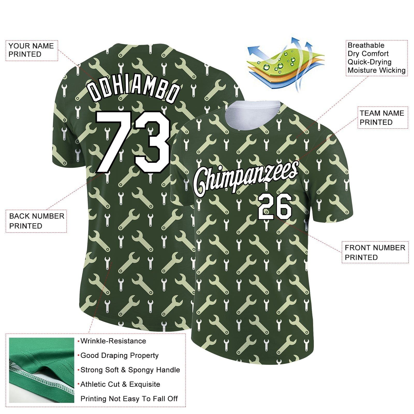 Custom Olive White-Black 3D Pattern Design Tool Wrench Labor Day Performance T-Shirt