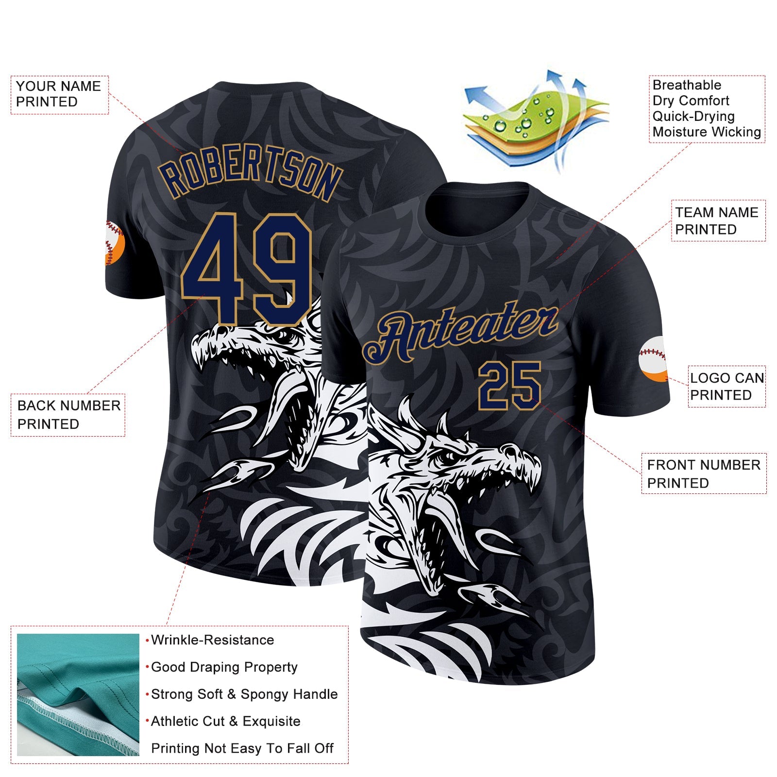 Custom Black Navy-Old Gold 3D Esports Performance T-Shirt