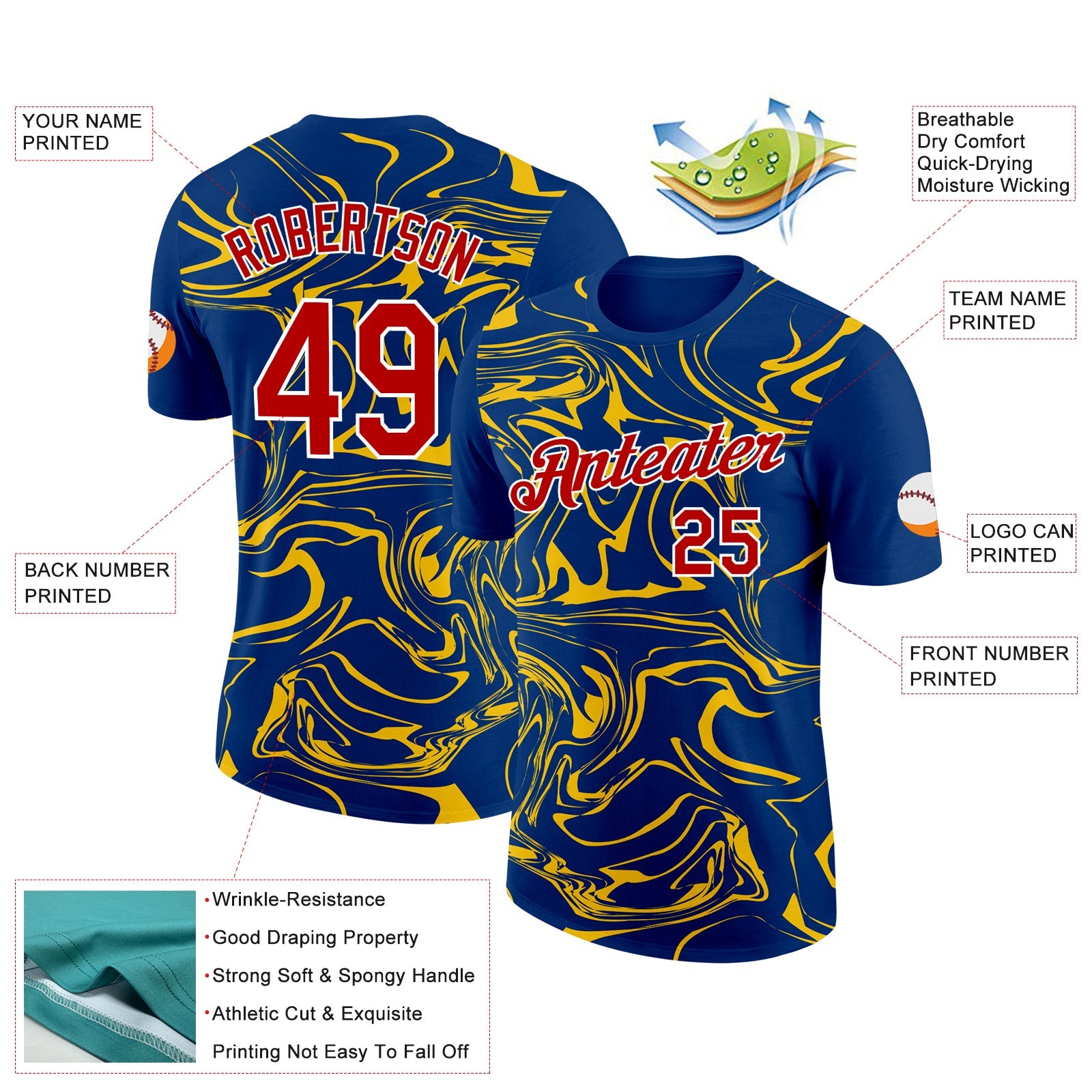 Custom US Navy Blue Red-Yellow 3D Esports Performance T-Shirt