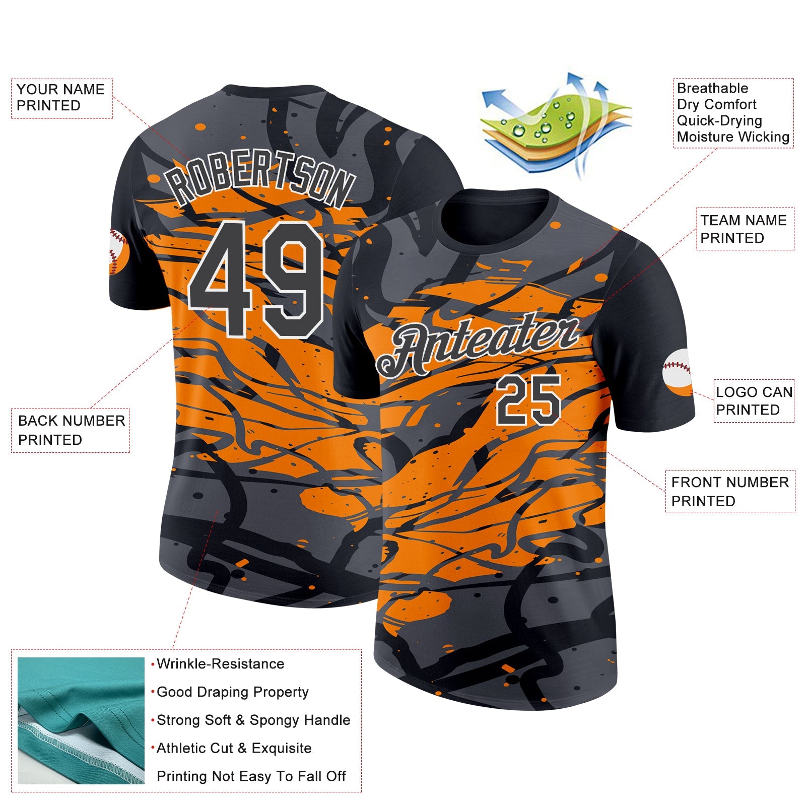 Custom Black Steel Gray-Bay Orange 3D Esports Performance T-Shirt