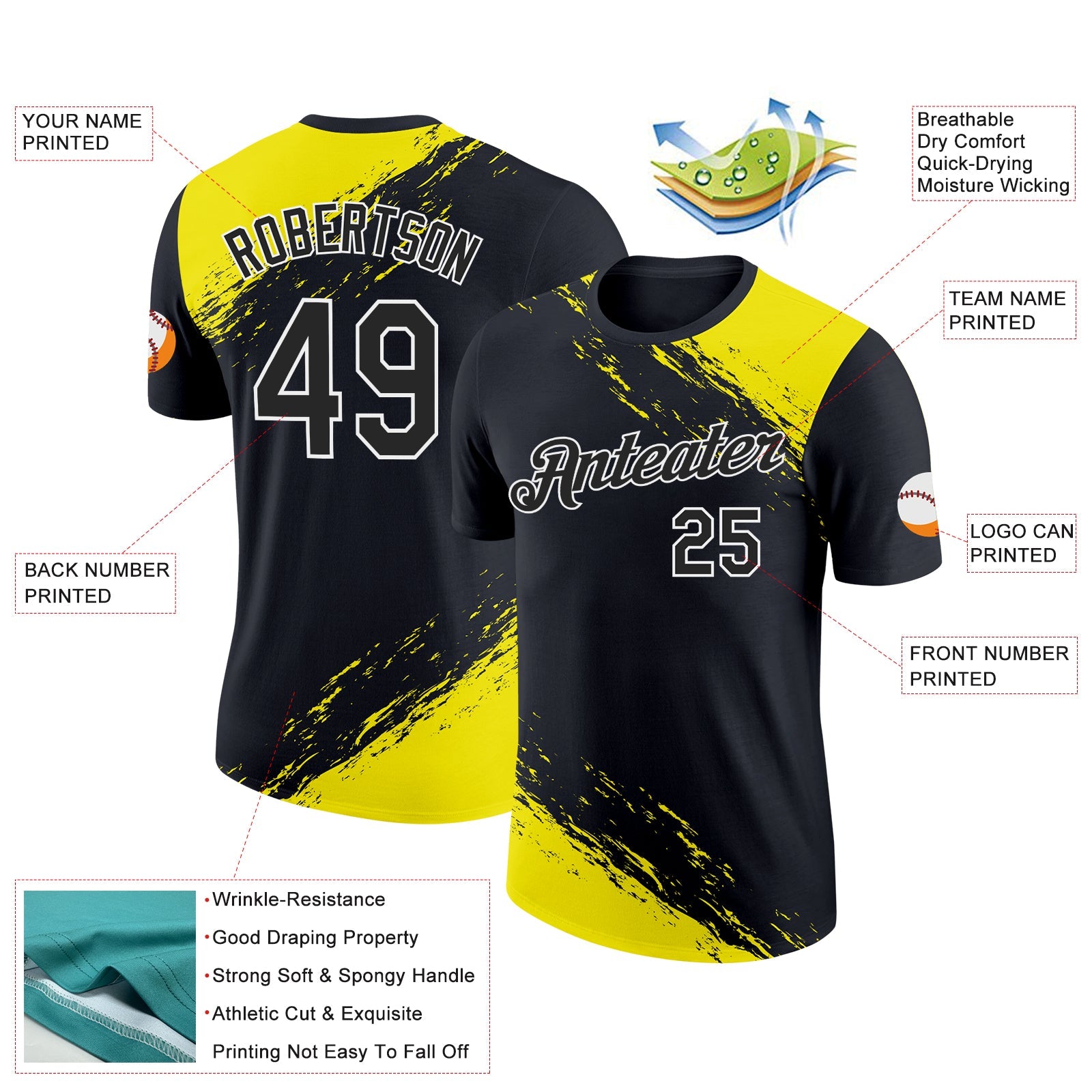 Custom Black Light Yellow-White 3D Esports Performance T-Shirt