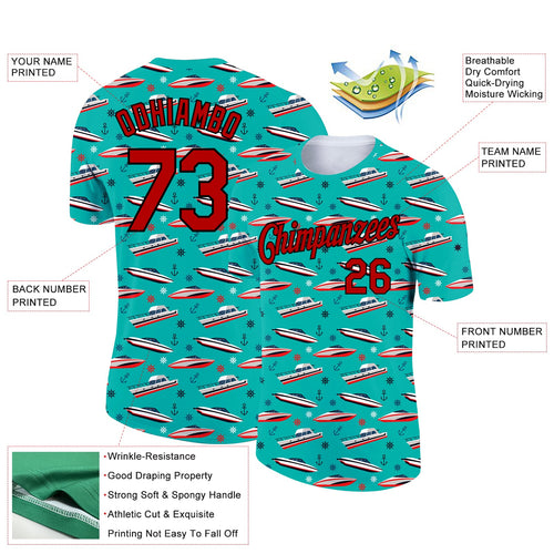 Custom Aqua Red-Black 3D Pattern Design Sailing Cruise Ship Columbus Day Performance T-Shirt