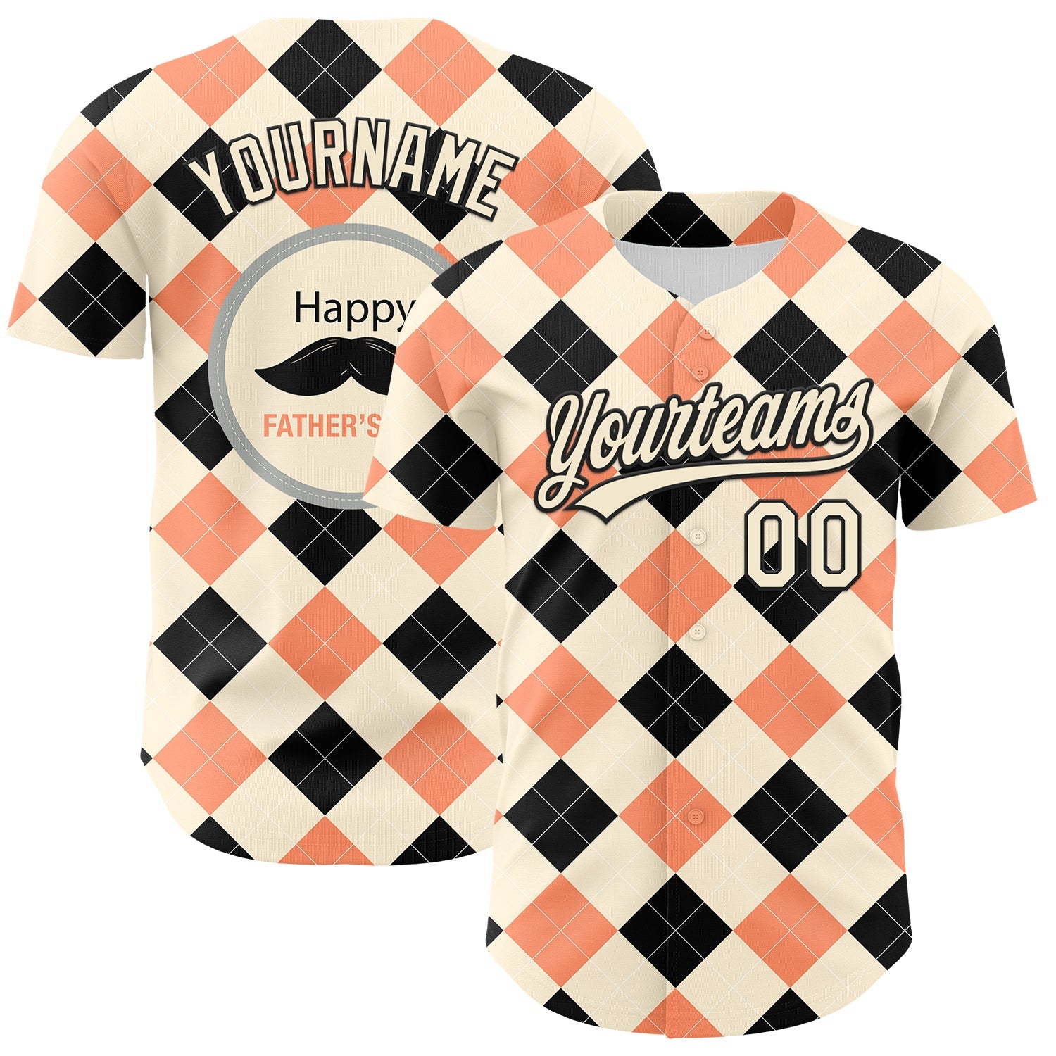 Custom Cream Black 3D Pattern Design Father's Day Mustache Authentic Baseball Jersey