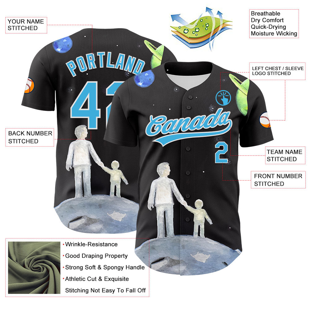 Custom Black Sky Blue-White 3D Pattern Design Father's Day Family Love Authentic Baseball Jersey