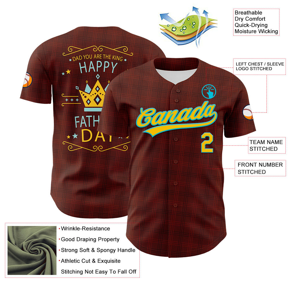 Custom Brown Yellow-Lakes Blue 3D Pattern Design Father's Day King Crown Authentic Baseball Jersey