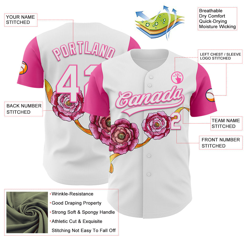 Custom White Pink 3D Pattern Design Mother's Day Flower Authentic Baseball Jersey