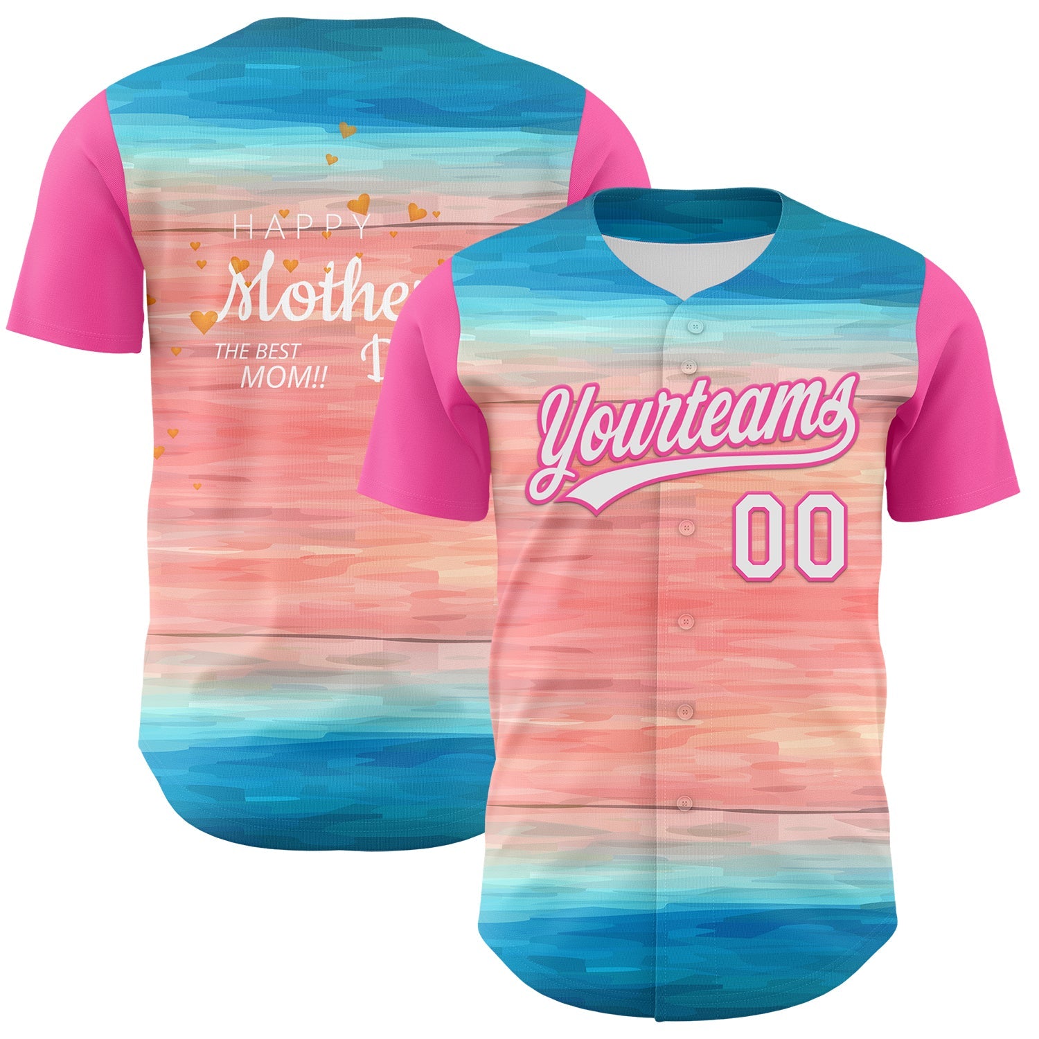 Custom Sky Blue White-Pink 3D Pattern Design Mother's Day Love Authentic Baseball Jersey