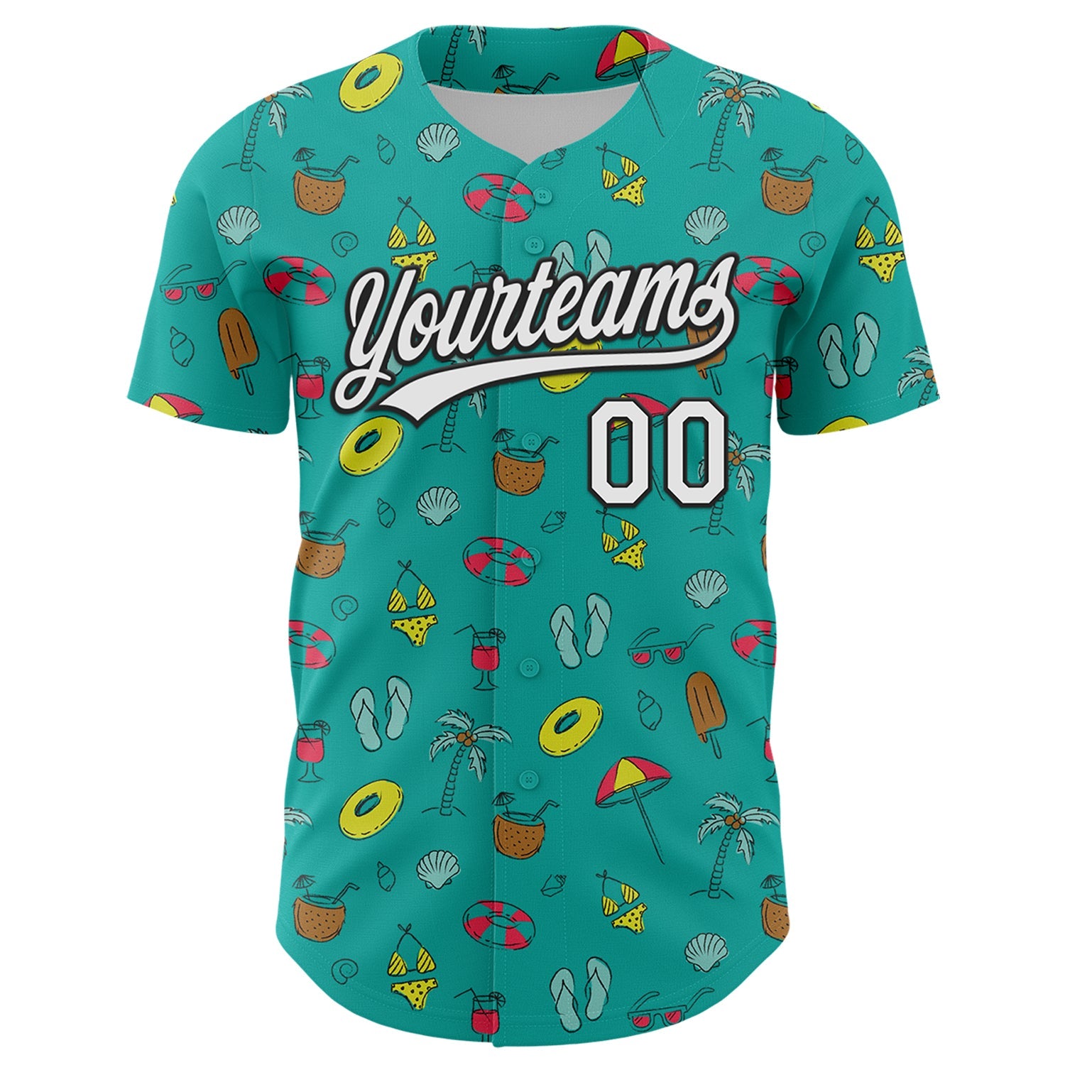 Custom Aqua White-Black 3D Hawaii Tropical Palm Tree And Beach Authentic Baseball Jersey