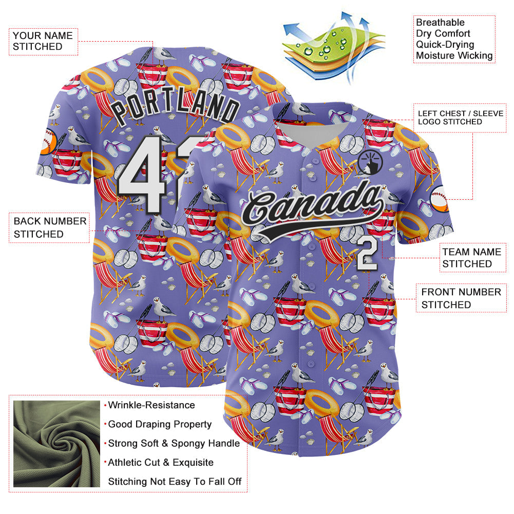 Custom Light Purple White-Black 3D Hawaii Beach Seabird Authentic Baseball Jersey