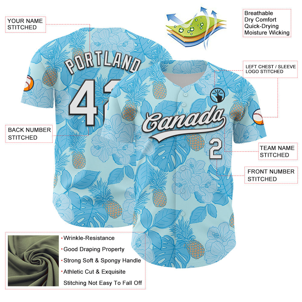 Custom Ice Blue White-Black 3D Hawaii Tropical Palm Leaves And Fruit Pineapple Authentic Baseball Jersey