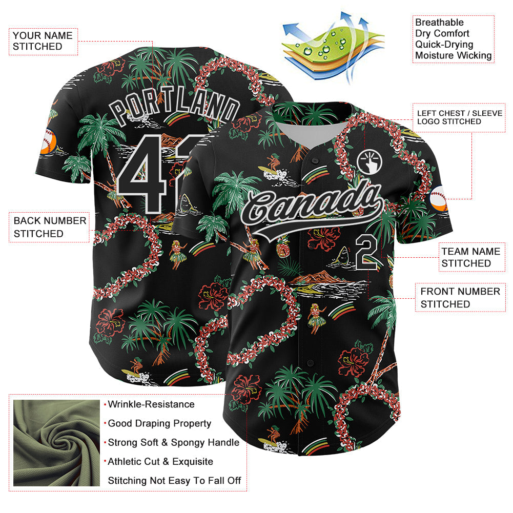 Custom Black White 3D Hawaii Island Tropical Palm Tree And Flower Authentic Baseball Jersey