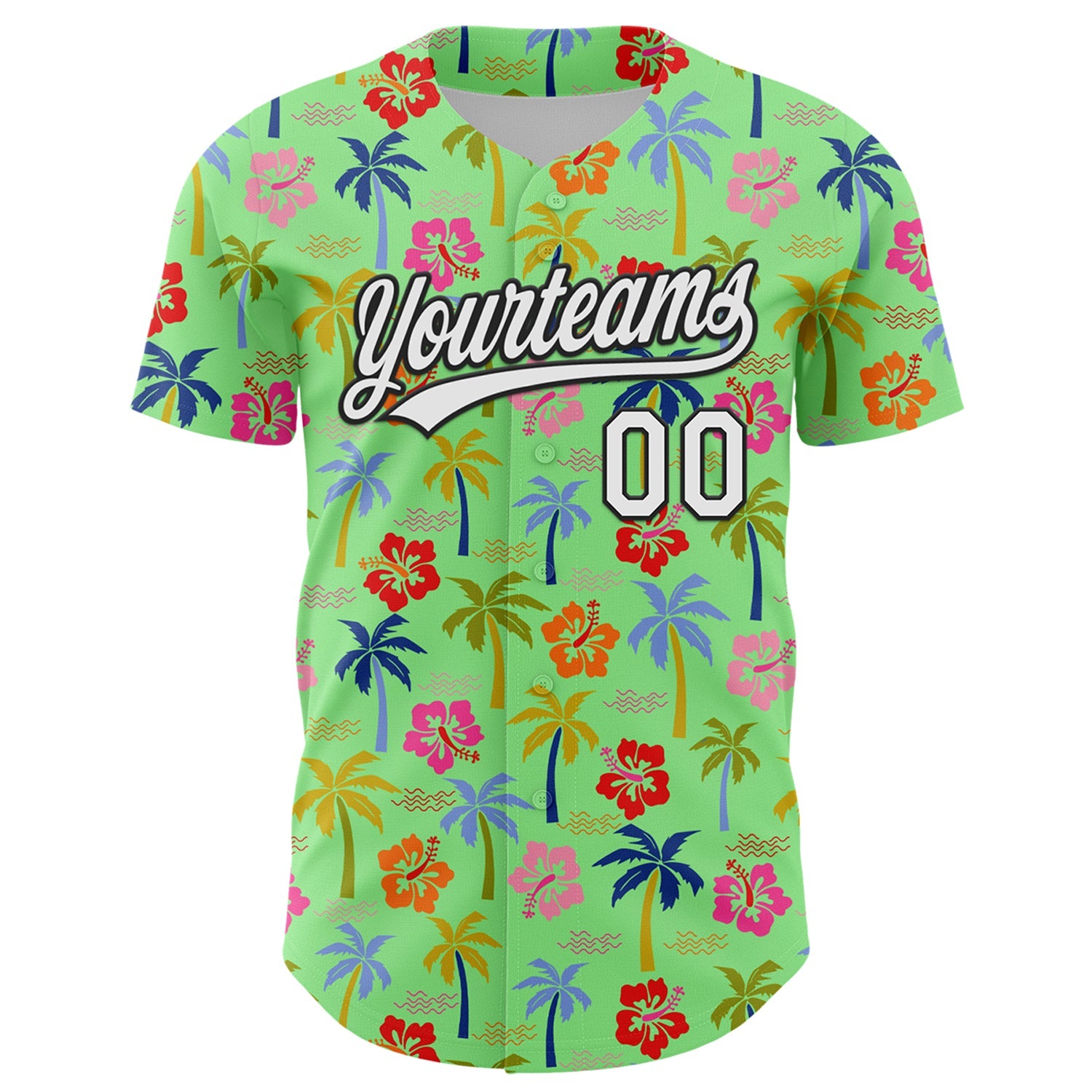 Custom Pea Green White-Black 3D Hawaii Tropical Palm Tree And Flower Authentic Baseball Jersey