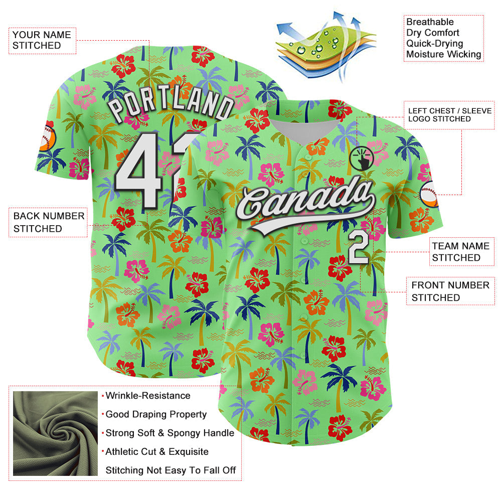 Custom Pea Green White-Black 3D Hawaii Tropical Palm Tree And Flower Authentic Baseball Jersey