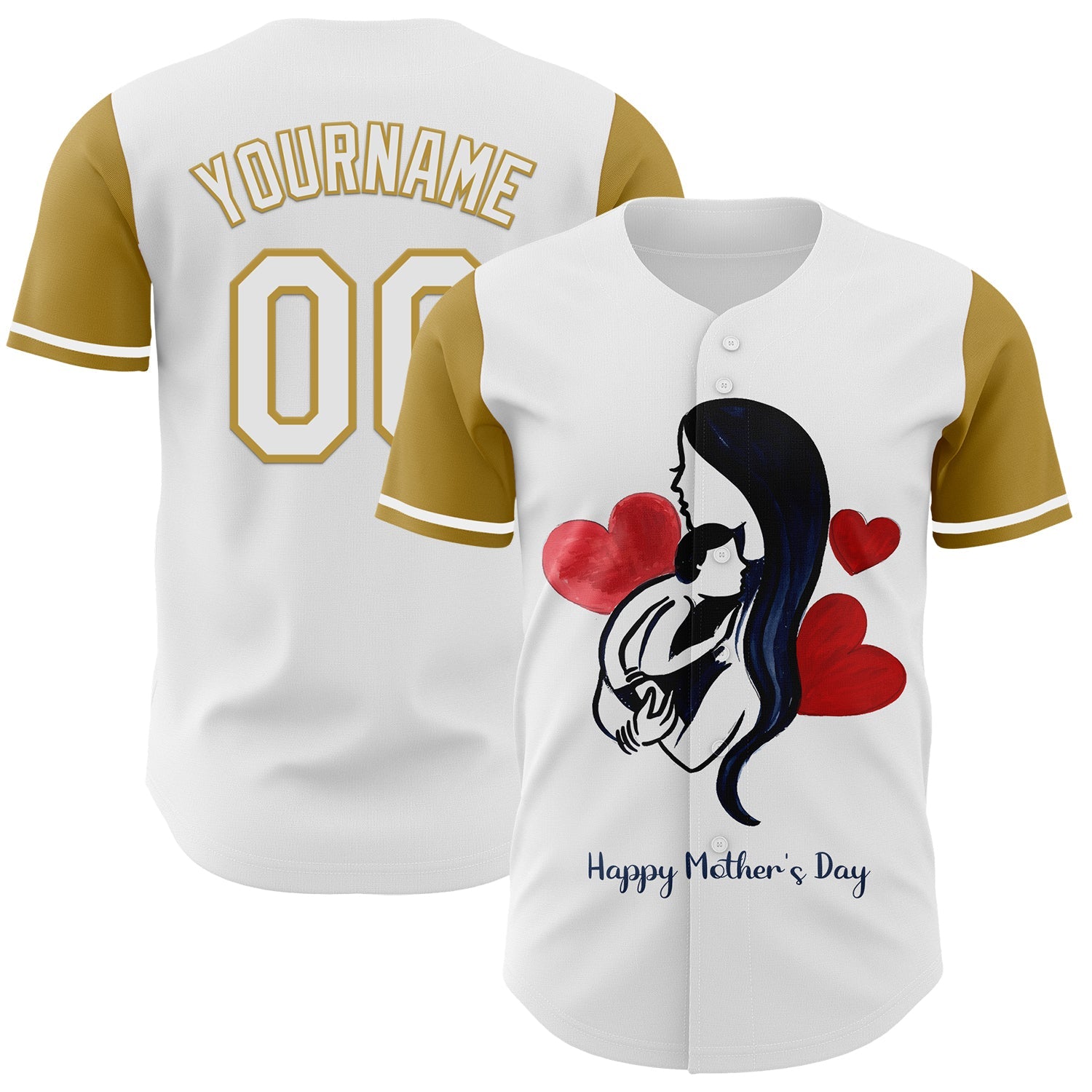 Custom White Old Gold 3D Pattern Design Mother's Day Family Love Authentic Baseball Jersey