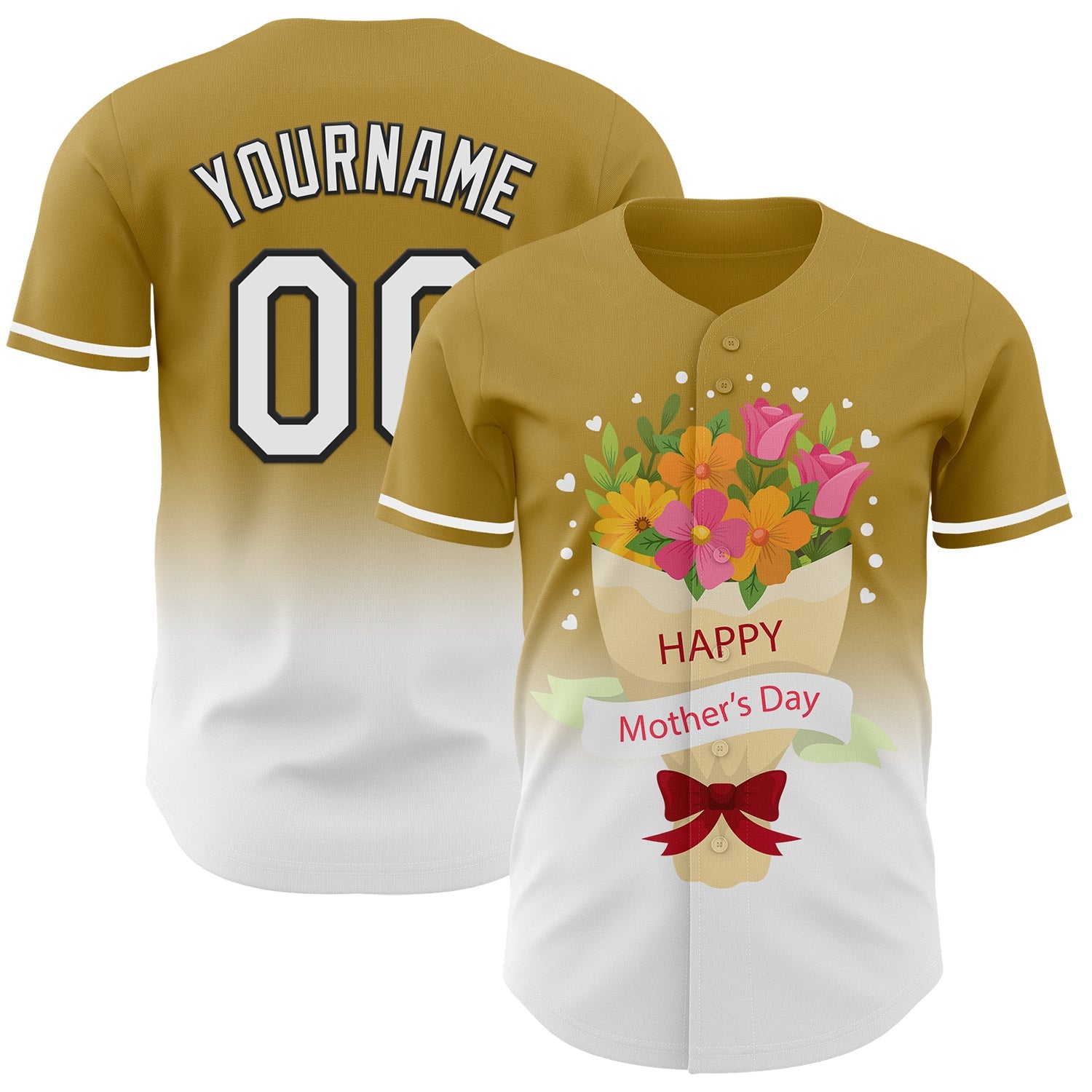 Custom Old Gold White-Black 3D Pattern Design Gradient Mother's Day Flower Authentic Baseball Jersey