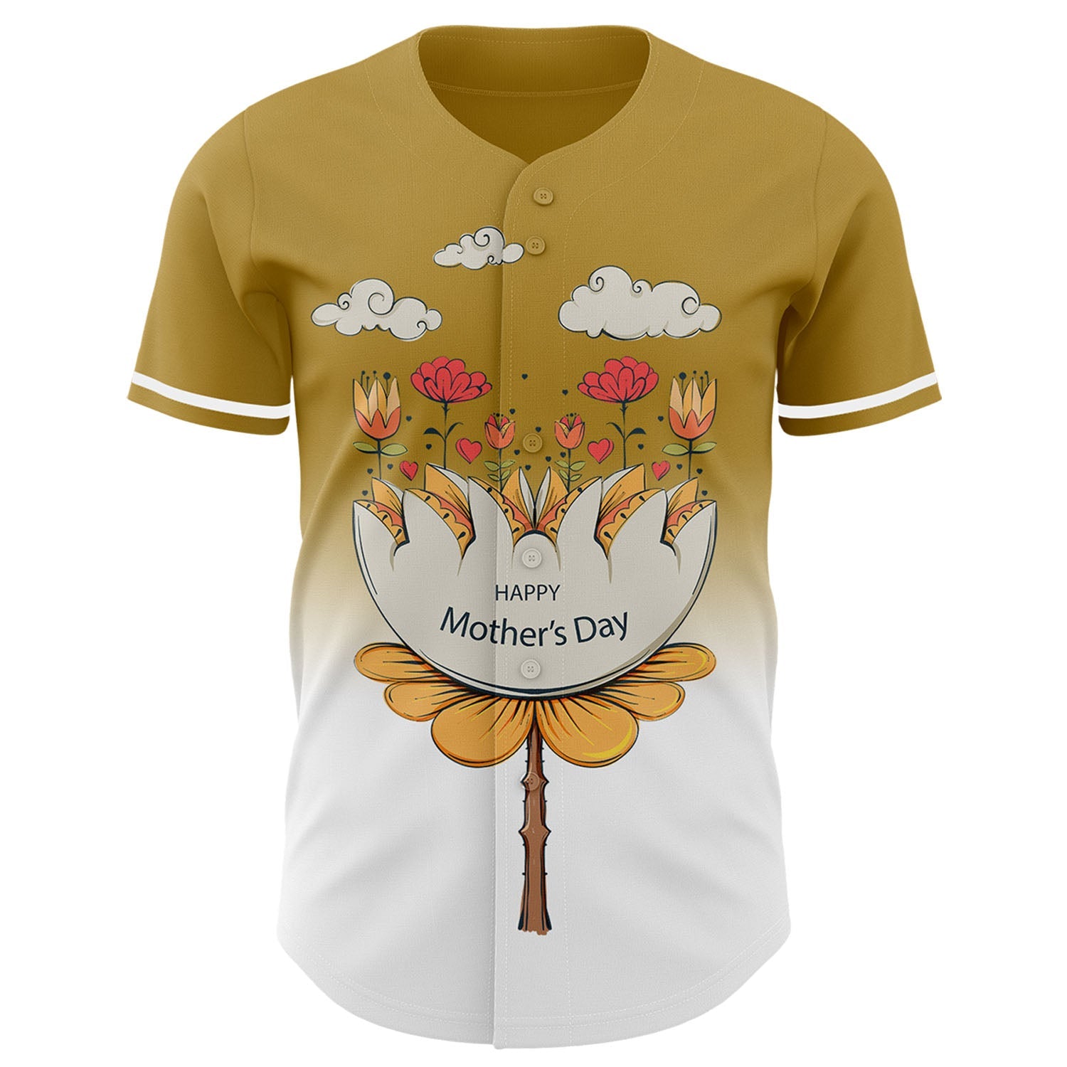 Custom Old Gold White-Black 3D Pattern Design Gradient Mother's Day Flower Authentic Baseball Jersey