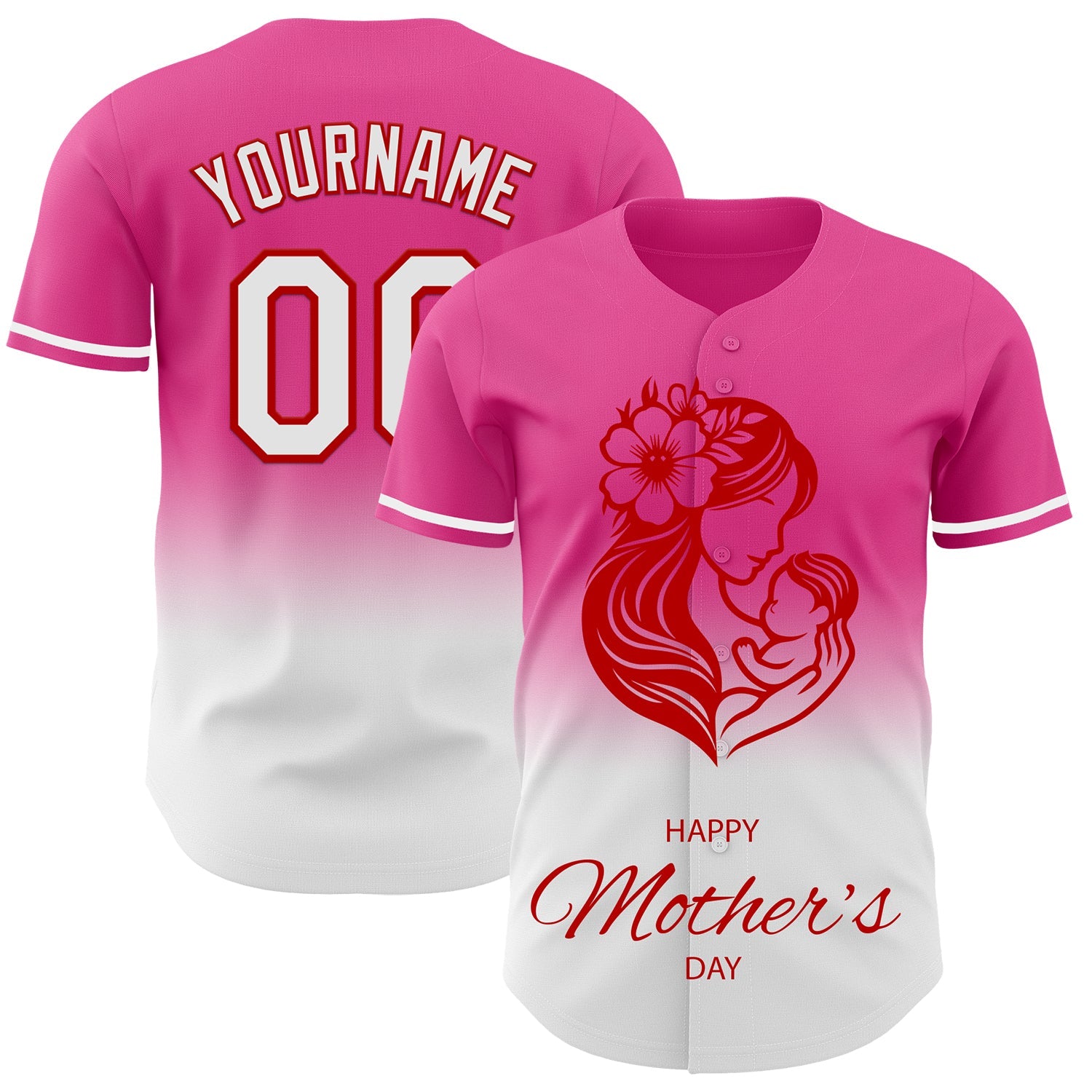 Custom Pink White-Red 3D Pattern Design Gradient Mother's Day Family Love Authentic Baseball Jersey