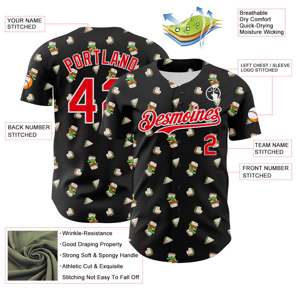 Custom Black Fire Red-White 3D Pattern Design Foodie Fast Food Sandwich Authentic Baseball Jersey