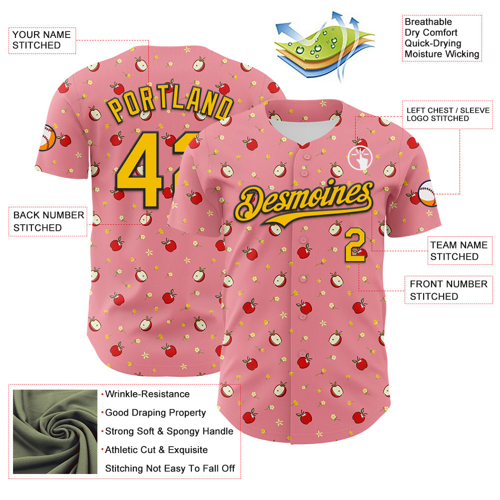 Custom Medium Pink Yellow-Black 3D Pattern Design Foodie Food Fruit Apple Authentic Baseball Jersey
