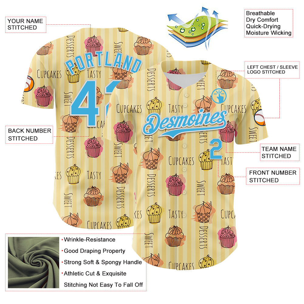 Custom Yellow Sky Blue-White 3D Pattern Design Foodie Food Dessert Cupcake Authentic Baseball Jersey