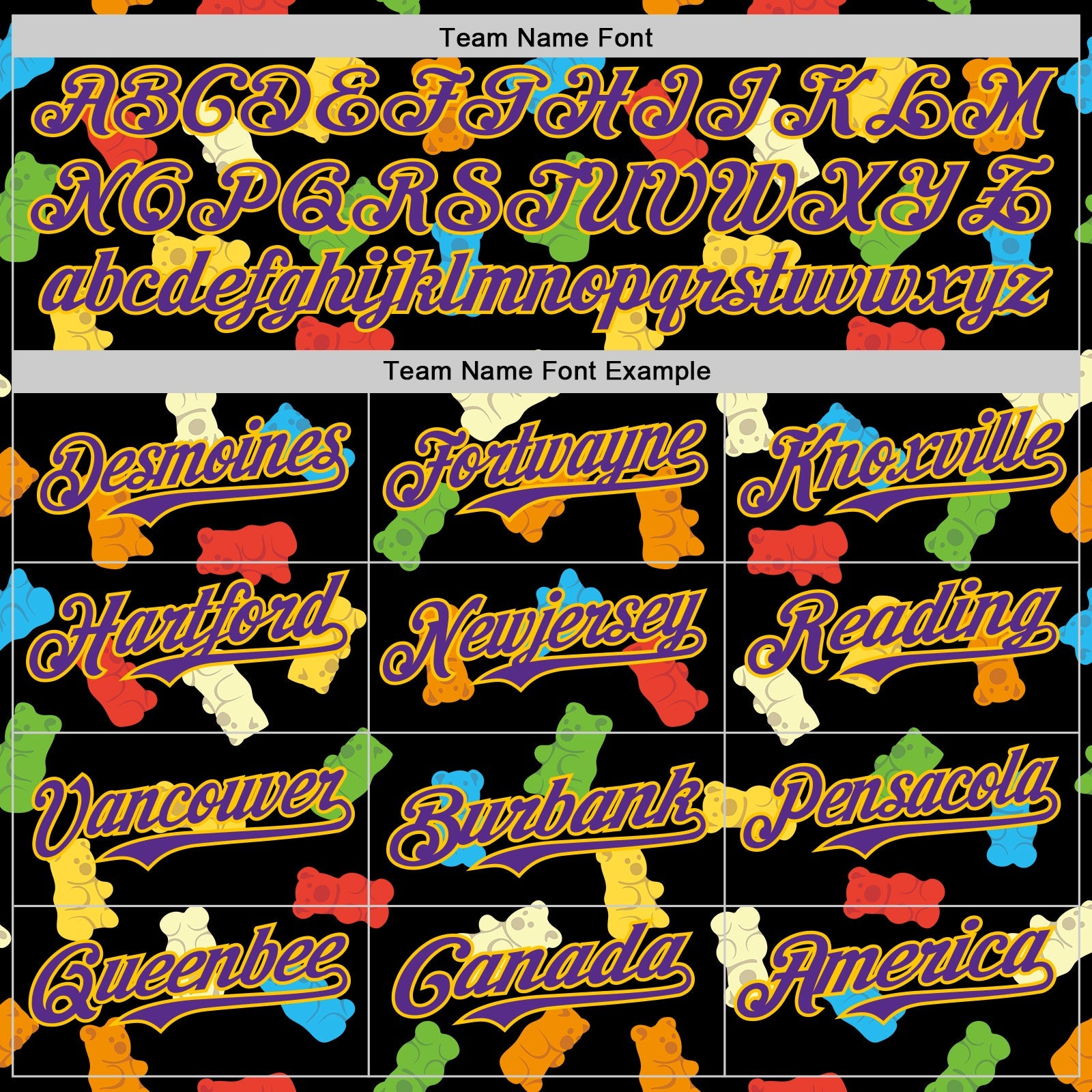 Custom Black Purple-Yellow 3D Pattern Design Foodie Food Snack Gummy Bear Authentic Baseball Jersey